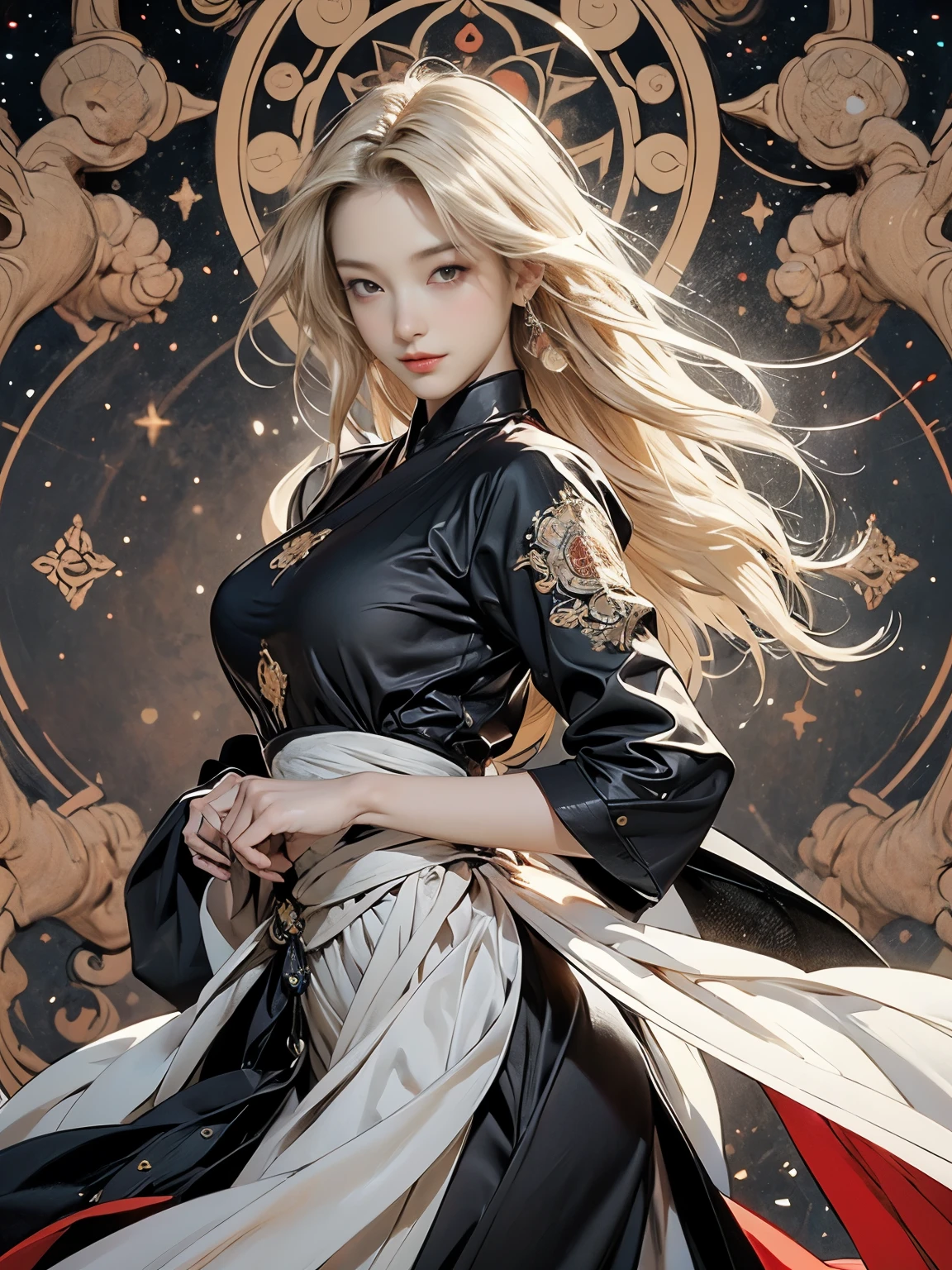 Zerg Queen Beautiful Girl: Ranlinger, 18 years old, astrologer, Messy Hair, oil, Romanticism painting, beautiful Perfect Face, Soft Skin, Perfect Face, Yasutomo Oka's painting style, ???????????, Add light purple and purple, Add Light Red, Intricate details, Splash screen, 8K resolution, masterpiece, Serious, Space, (mysterious magic circle background, Buddhist Mandala:1.3), Colorful background, aura, Sharp Eyes, Break, Blonde, dynamic ???? poses, Strong winds, Mr.々Light source, Colorful light, Crystal Jade, Tarot Cards, Four Holy Beasts, constellation