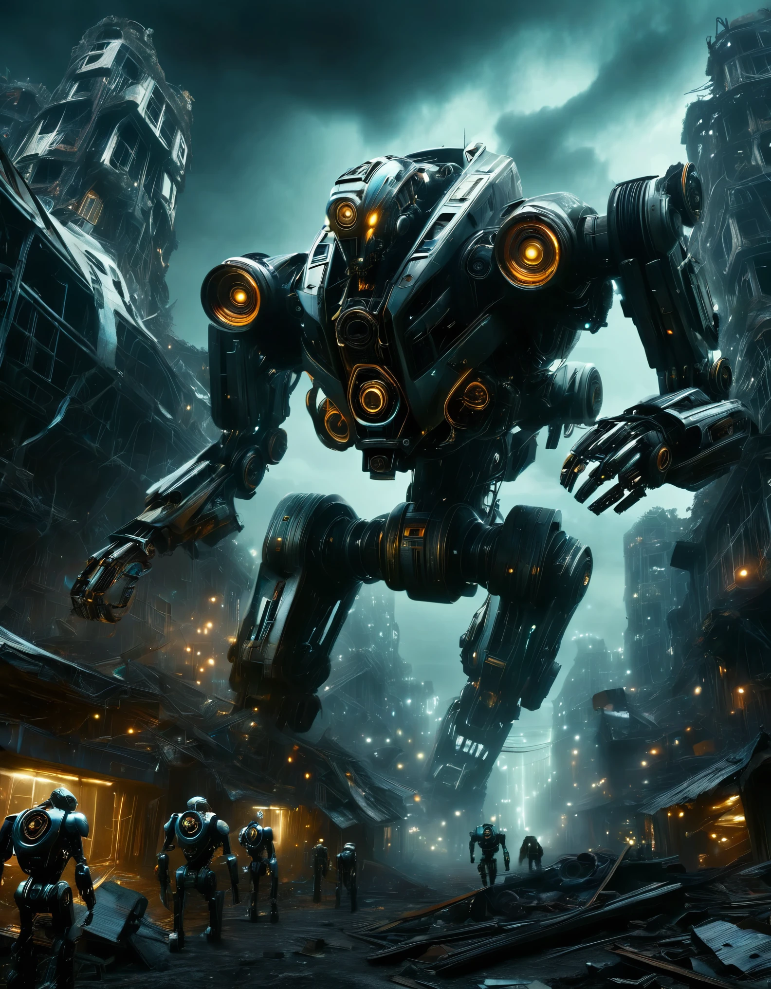 (melhor qualidade, High definition), (Montanhas de membros ciborgues abandonados: 0.7), Cyborg heads with amputated limbs, Super Multi-Mechanical Mutilated Bodies, Super Multi Sucateados Super Multi Mechs Quebrados, Mountain of mechanical waste, Post-apocalyptic, anti-utopia, metal enferrujado, Broken parts, Moss, Ghostly Atmosphere, destroyed cities, Mechanical Wreckage, sem vida, desolation, dark lighting, dramatic perspective, decair, futurism, cyberpunk aesthetic, darkness, contrastes, sombras, mystery, Abandoned buildings, wreckage, maquinaria descartada, espectral, silence, loneliness, desolation, Campos