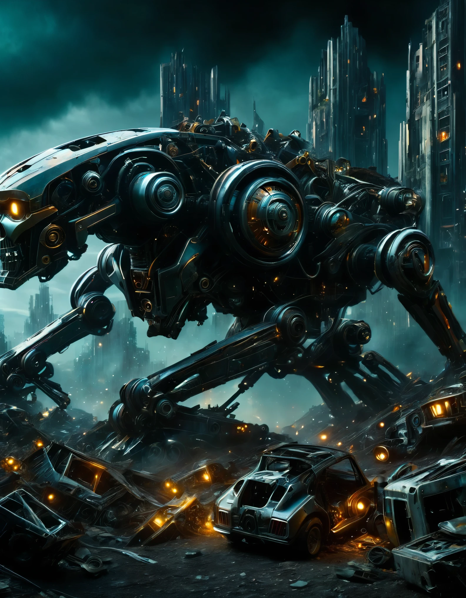 (melhor qualidade, High definition), (Montanhas de membros ciborgues abandonados: 0.7), Cyborg heads with amputated limbs, Super Multi-Mechanical Mutilated Bodies, Super Multi Sucateados Super Multi Mechs Quebrados, Mountain of mechanical waste, Post-apocalyptic, anti-utopia, metal enferrujado, Broken parts, Moss, Ghostly Atmosphere, destroyed cities, Mechanical Wreckage, sem vida, desolation, dark lighting, dramatic perspective, decair, futurism, cyberpunk aesthetic, darkness, contrastes, sombras, mystery, Abandoned buildings, wreckage, maquinaria descartada, espectral, silence, loneliness, desolation, Campos