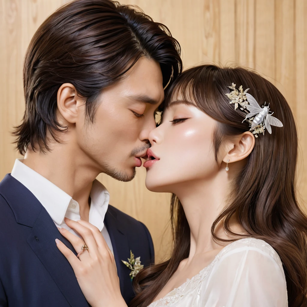 ((highest quality)), ((masterpiece)), (detailed), （Perfect Face）、The woman is Marina Katsuragi, with medium-long brown hair and an engagement ring decorated with a fly. She hugs the man tightly, and they kiss with their mouths open and their tongues sticking out to each other, with their tongues entangled in each other&#39;s mouths.、She is smiling and wearing a fly-motif wedding dress, a fly-motif veil, a fly-motif tiara, fly earrings and other accessories are all fly-motifs, and she is being carried in a princess carry by Beelzebub, the Demon King of the Flies, and she hugs him with a happy smile, opens her mouth wide and sticks her tongue out at the man, and the man wraps his thin, very long tongue around the woman&#39;s tongue as they kiss her. The woman is loved and favored by Beelzebub, the Demon King of the Flies.、The man is Beelzebub, the grotesque demon king of flies, and while caressing the woman, he picks her up in a princess carry, holds her close, rubs her cheeks, opens his mouth wide, extends his long tongue into the woman&#39;s mouth, wraps it around her tongue, and kisses her and caresses her.