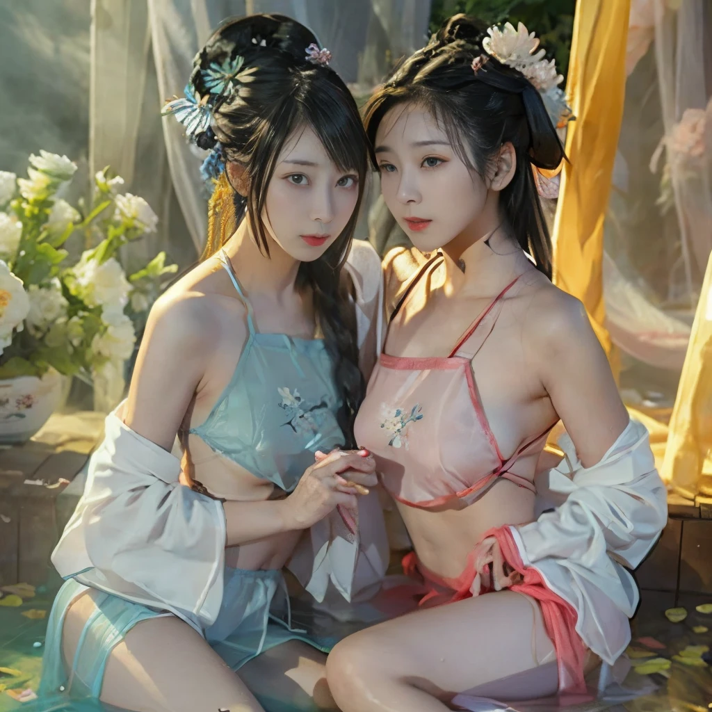 2girl,(background: Flower Sea),looking at viewer,photorealistic,realistic,solo,Hanfu:1.5,Cheongsam,Outdoor:2,