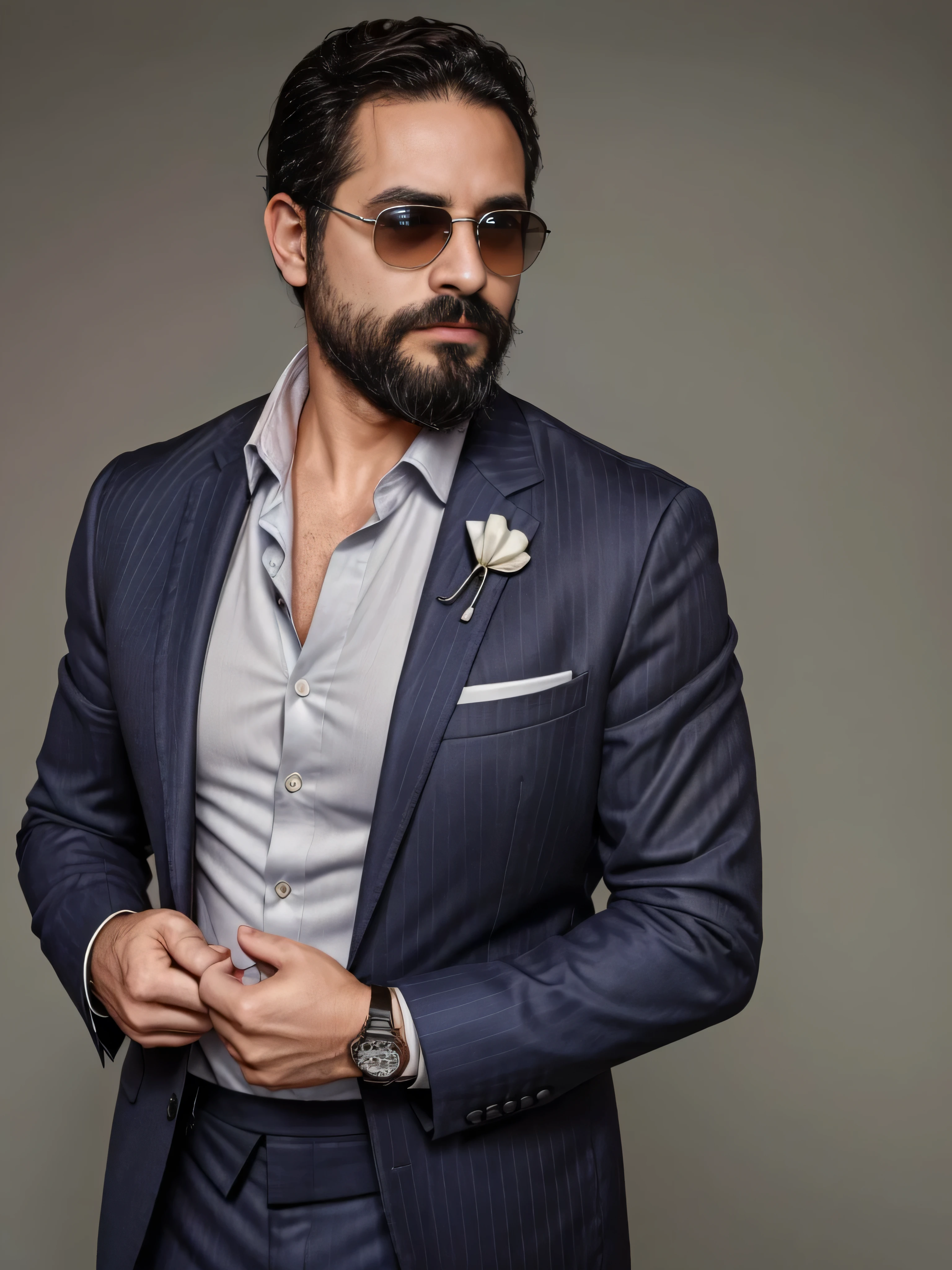 A 38-year-old man with a neatly groomed beard and stylish sunglasses. He is dressed in an elegant, tailored suit, featuring a sharp blazer and a crisp dress shirt. The blazer is a deep navy blue with subtle pinstripes, and the shirt is a classic white with a slight sheen. He wears a pocket square that matches the blazer, adding a touch of sophistication. The man is also wearing a sleek, silver wristwatch. His hair is neatly styled, complementing his overall polished look. The background is blurred to keep the focus on the man's upper body, capturing his confident and refined appearance. The image should be a medium shot, highlighting the man's upper body in great detail.