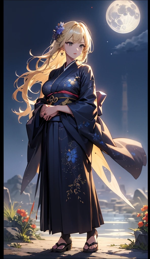 masterpiece, high quality, 4K, Beautiful design, silhouette,blonde, 非常に詳細な夜のStarry Sky,Flower Field, wonderful, Finer details, Very knowledgeable woman, Highly detailed solo, 1 female,Big Breasts,kimono,Night view,Starry Sky,full moon,