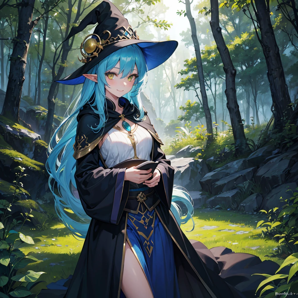 A sexy girl half elf wizard, all dark blue wizard robe, wizard hat, yellow eyes, bright blue hair colour, book in hand, in green forest background,8k, masterpiece, best quality, highly detailed, 1girl, half-elf, solo, yellow eyes, bright blue hair, long straight hair, wearing necklace, gorgeous, smile, black robe and wizard clothing, friendly, sexy, close ups view, rings, looking at viewer, green forest background, bird in back, middle position,
