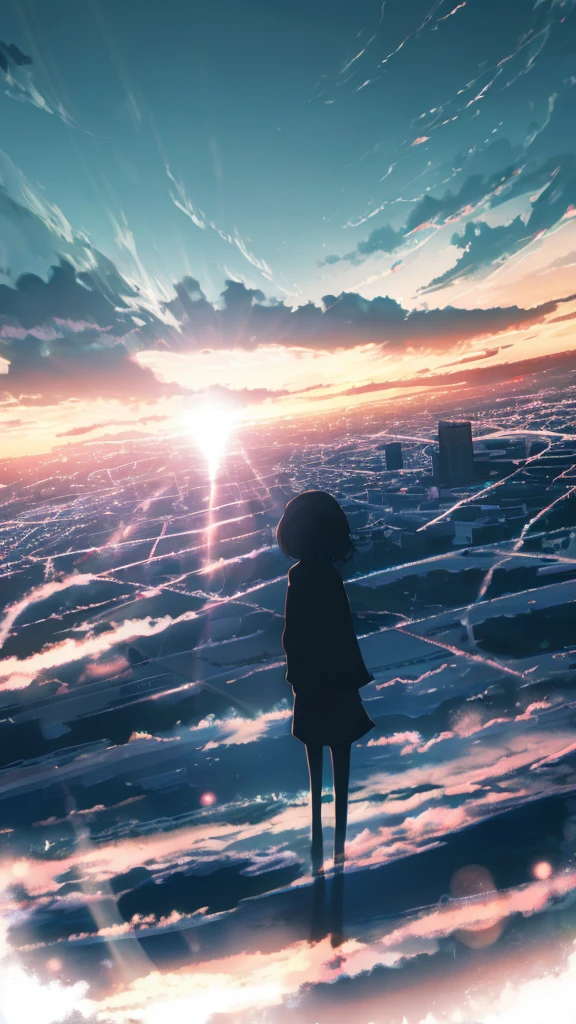 anime,silhouette,1girl, cloud, outdoors, skyscraper, city lights, blue sky, skyline,morning,waking,In nature,Mountain,Couple