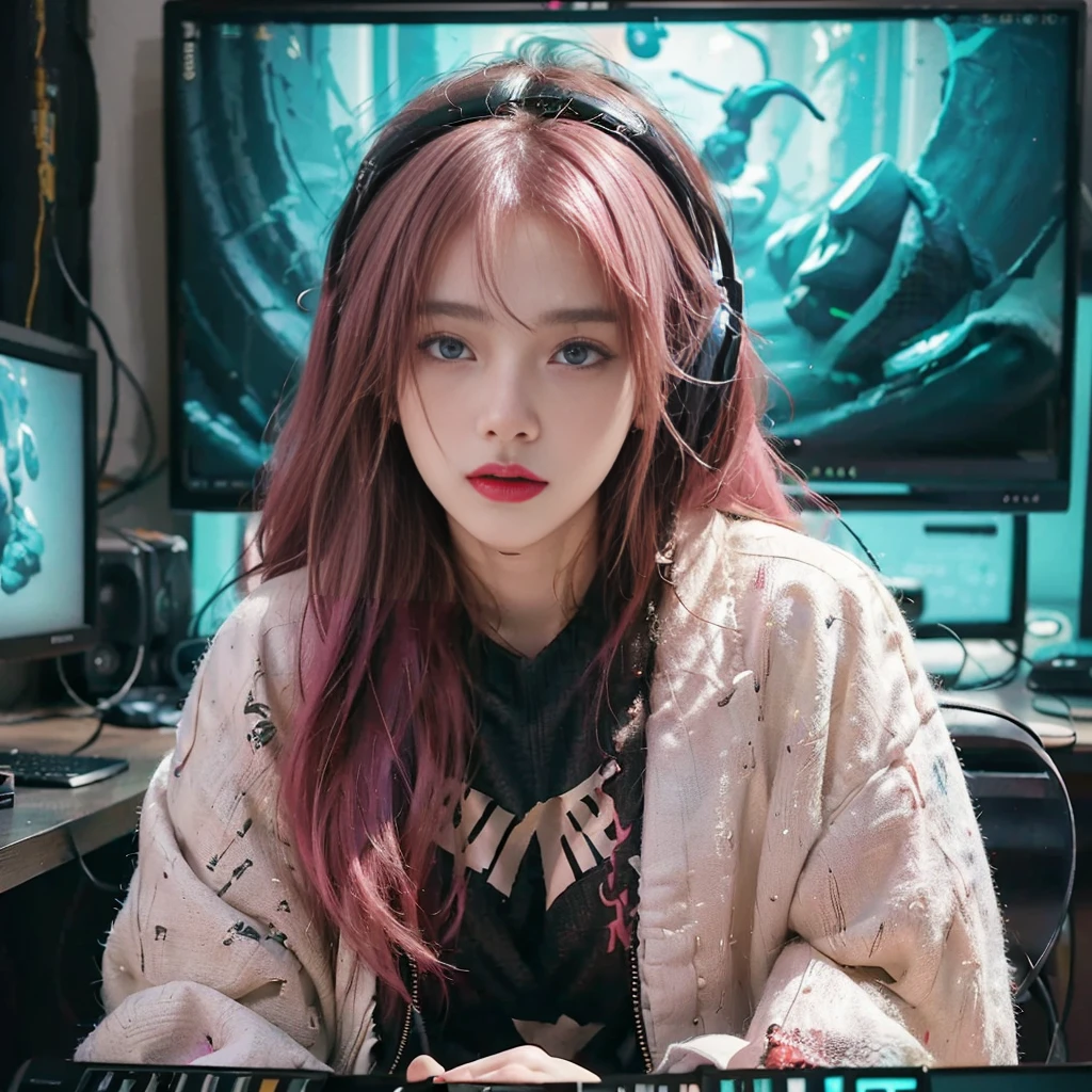 ((Masterpiece)), (((Best Quality)))), ((Illustration)), (Depth of Field: 1.2),Solo,Dynamic Angle,1 Girl,Hacker Beautiful 15 Years Old medium skin colored Girl, Indoors, Room, Dim Room, Sci-Fi, Neon, Neon Lights, Cyberpunk, Computer Room, Gaming Headphones, Computer Equipment, Ethical Hacker, Server Room Background, display lights, monitors, (LED monitors, surrounded by multiple display monitors: 1.5), gaming chair, bright pink hair highlights, long hair, light cyber clothes, sexy eyes, sexy lips, chinese idol, energy drinks, cables, messy room, front, bottom, talking at camera, wearing black bikini, thin soft white sexy jacket, sad emotion