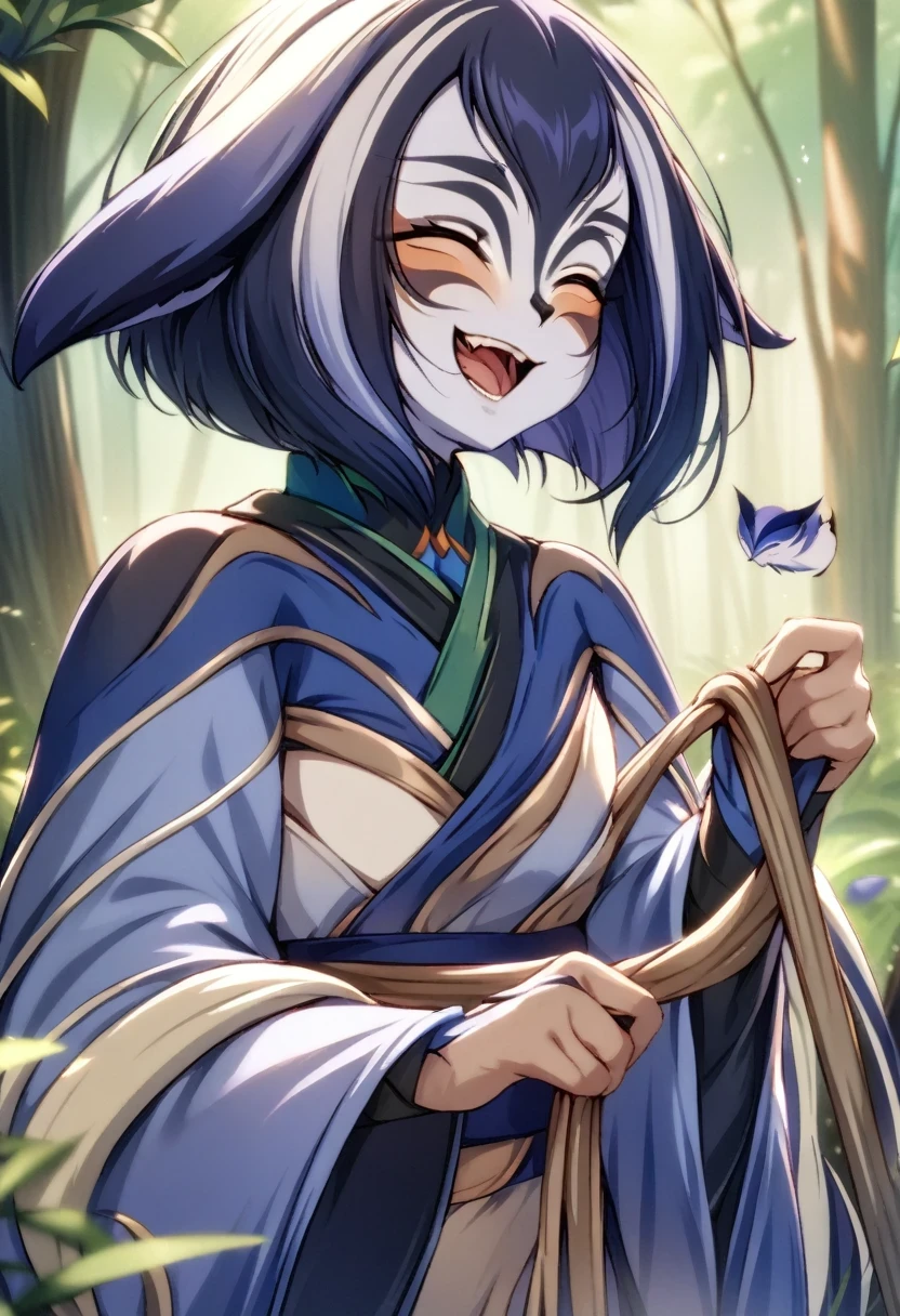 (shylily/(Twich/):1.5),(masterpiece:1.2),(best quality:1.2),1 female, Wearing a white and black kimono, short hair, Facing the details, delicate eyes, In the background is a peaceful forest in China, holding rope, laugh and have a good time