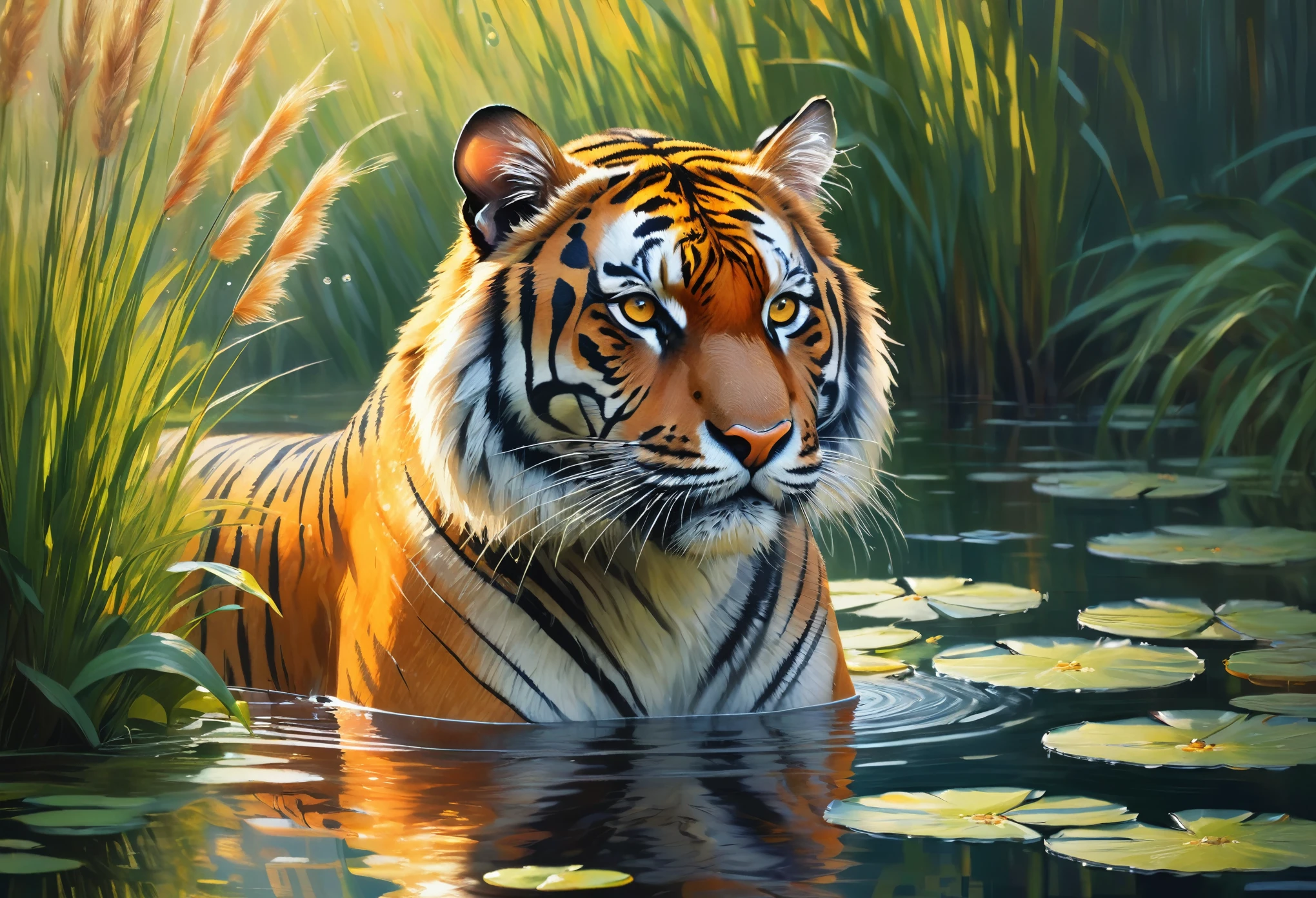 highest quality,4K,8k,High resolution,masterpiece:1.2,Super detailed,Realistic:1.37,Tiger portrait,Beautiful fine details,Beautiful fine fur stripes,Vibrant colors,Impressionist style,landscape painting style,Claude Monet style,water lily,Water surface reflection,Speckled sunlight,Subtle brushwork,Soft pastel colors,Mysterious atmosphere,natural environment,Tall grass and reeds,Quiet and peaceful environment,Tiger staring into the distance,Graceful and powerful posture,Bright orange and yellow splashes,wood々Sunlight shining through,Soft and dreamy texture,Play of light and shadow,Peaceful coexistence of nature and wildlife,A sense of calm and serenity,The tiger&#39;s features are carefully captured in detail.,subtle color changes,An impressionistic interpretation of the tiger&#39;s natural habitat