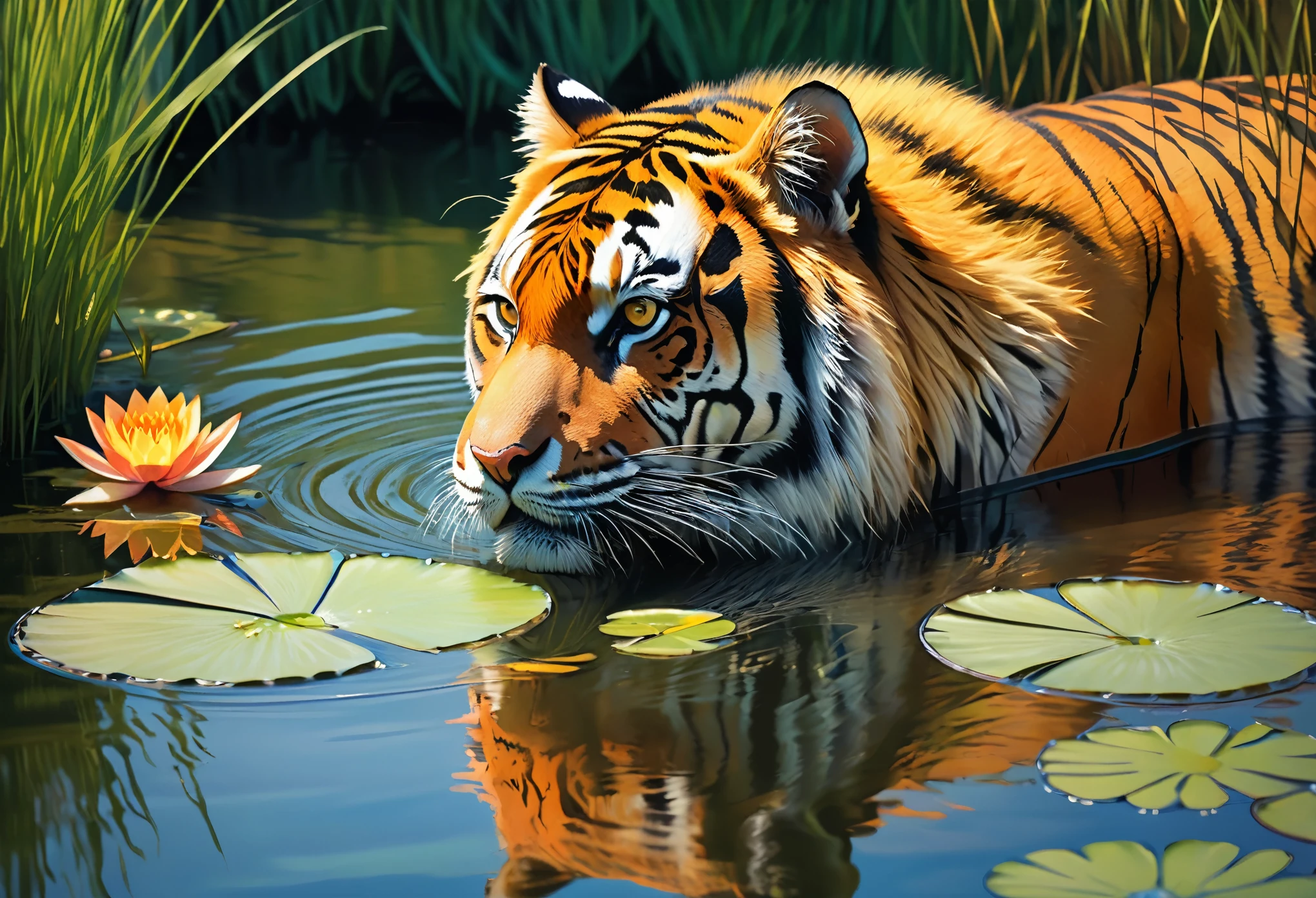 highest quality,4K,8k,High resolution,masterpiece:1.2,Super detailed,Realistic:1.37,Tiger portrait,Beautiful fine details,Beautiful fine fur stripes,Vibrant colors,Impressionist style,landscape painting style,Claude Monet style,water lily,Water surface reflection,Speckled sunlight,Subtle brushwork,Soft pastel colors,Mysterious atmosphere,natural environment,Tall grass and reeds,Quiet and peaceful environment,Tiger staring into the distance,Graceful and powerful posture,Bright orange and yellow splashes,wood々Sunlight shining through,Soft and dreamy texture,Play of light and shadow,Peaceful coexistence of nature and wildlife,A sense of calm and serenity,The tiger&#39;s features are carefully captured in detail.,subtle color changes,An impressionistic interpretation of the tiger&#39;s natural habitat