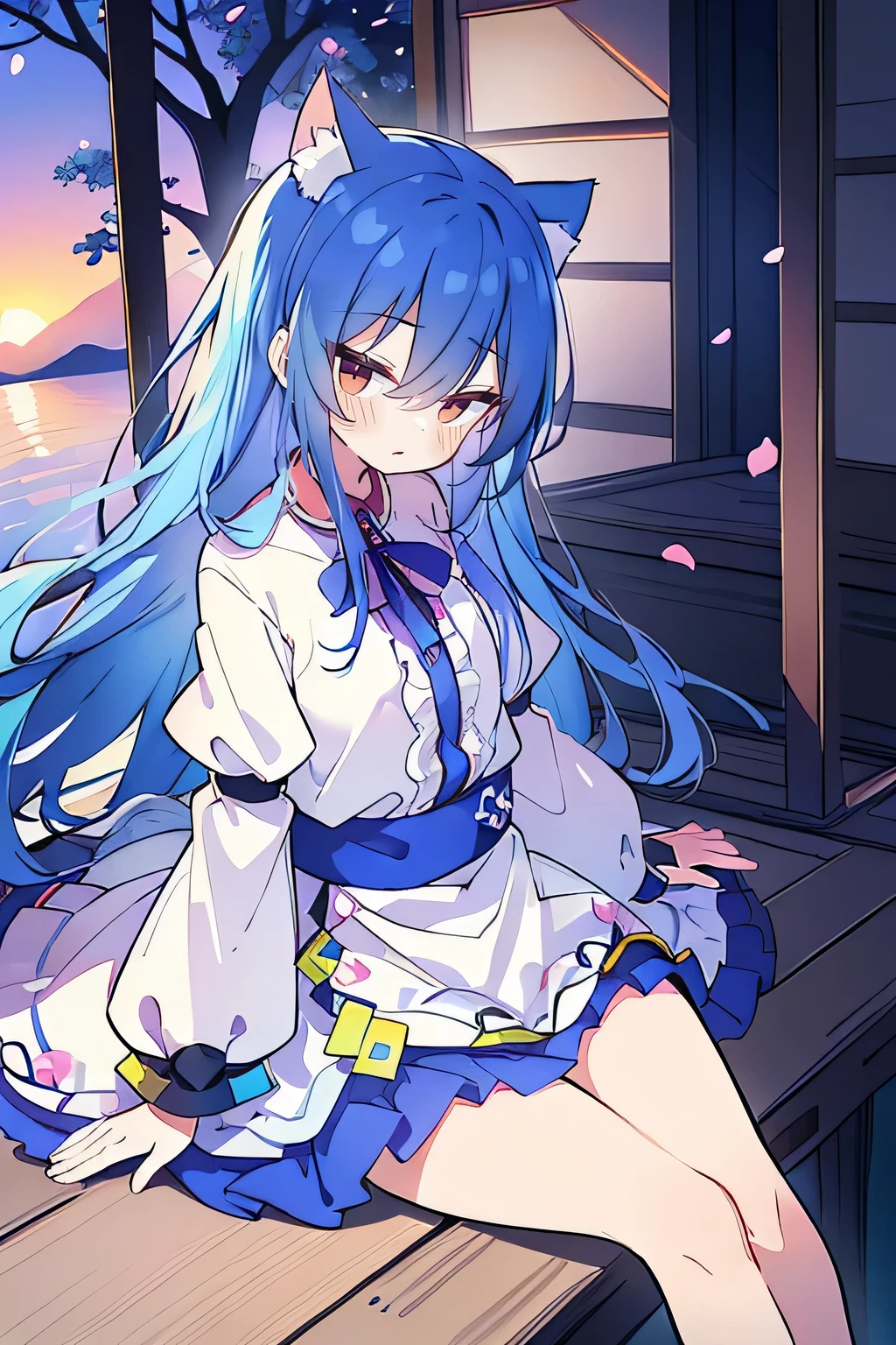 (masterpiece:1.2),Super detailed,Practical,expressive eyes,Fair skin,Perfect face shaping,1 Girl,
Japanese cartoons,Gorgeous blue hair, the long flowing blue hair,Floating clothes,Cat ears,Petals falling,beautiful lola,Young Angel,
Hands on waist,sit elegantly on the ground,Cross your legs,Gentle and peaceful background,Cool and cozy pavilion,Sunset,