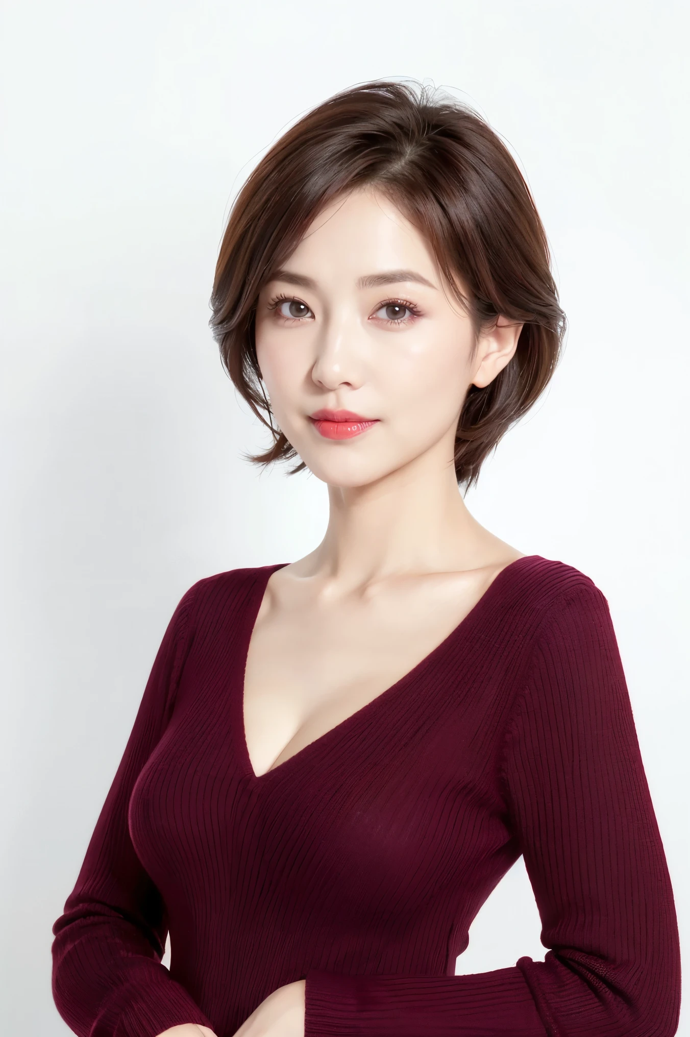 (highest quality、Tabletop、8k、Best image quality、Award-winning works)、One beautiful woman、(Beautiful elegant straight long hair:1.1)、Dark brown hair、(alone:1.1)、(The perfect burgundy V-neck long sleeve knit:1.5)、(Burgundy V-neck knit:1.5)、(The simplest solid white background:1.4)、(Inorganic white background:1.1)、とてもLarge Breasts、Accentuate your body lines、Beautiful and detailed、Look at me、(Perfect Makeup:1.1)、Bright lipstick、Ultra-high definition beauty face、Ultra HD Hair、Ultra-high definition sparkling eyes、Ultra High Resolution Perfect Teeth、Ultra-high quality glossy lips、Accurate anatomy、Very beautiful skin、Glowing skin in ultra-high resolution、frontから見たときの優雅な直立姿勢、(Very bright and vivid:1.2)、(Slender body:1.2)、(Slender and beautiful face:1.1)、(Cleavage:1.2)、(Large Breasts:1.1)、Shiny, vibrant lipstick、(Close-up of face:1.2)、(50 year old beauty:1.3)、Wrinkled face、front、clavicle、Radiant Skin、Staring at me with a blank look