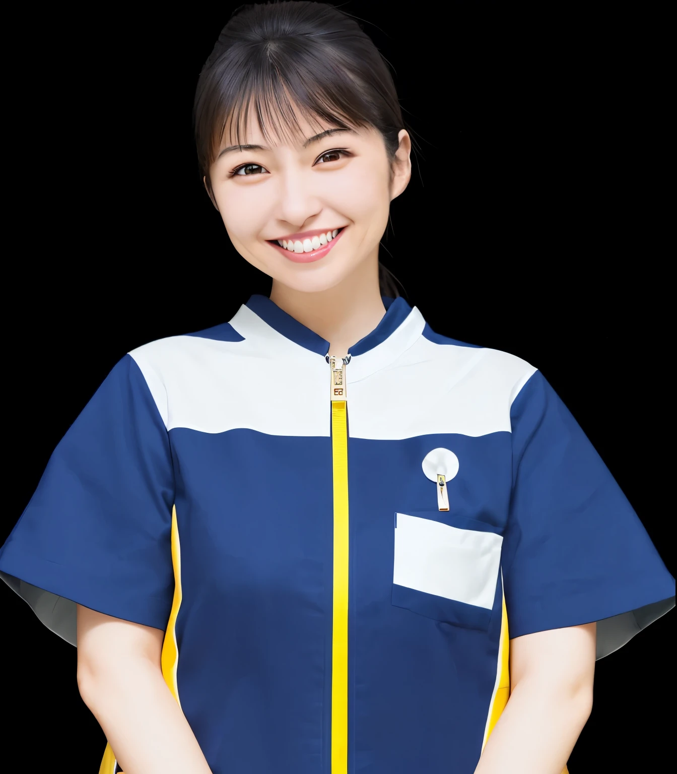 Japanese woman smile Looks very happy White teeth are visible Short sleeve Zipper is yellow Nothing is worn underneath The skin of the arm is visible Left hand on cheek