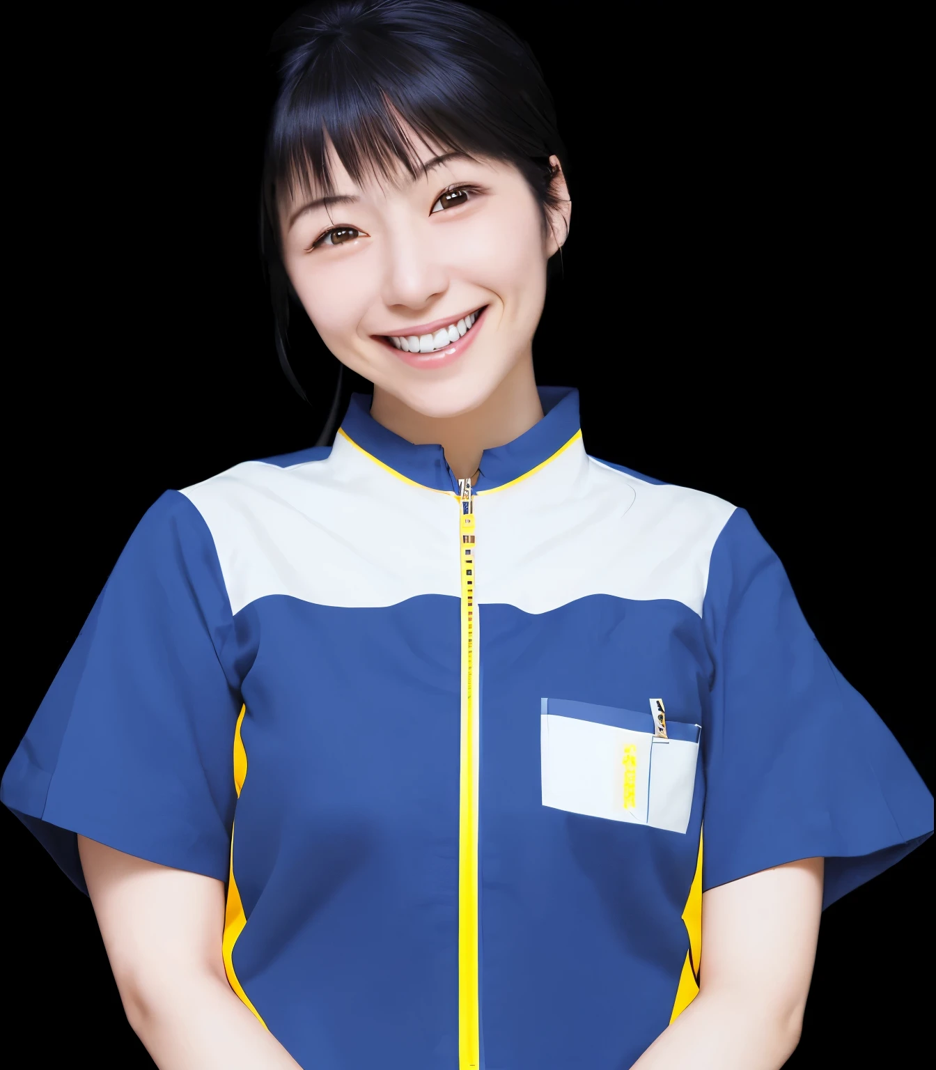 Japanese woman smile Looks very happy White teeth are visible Short sleeve Zipper is yellow Nothing is worn underneath The skin of the arm is visible Left hand on cheek