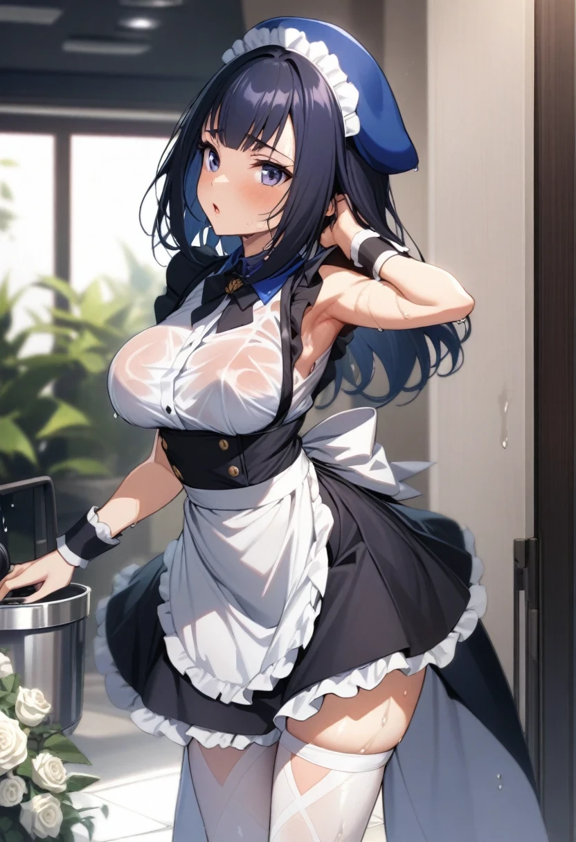 (shylily/(Twich/):1.5),(masterpiece:1.2),(best quality:1.2),(iwanagaskirt:1.2),,(Berets:1.8),
1 Girl, animal_ear, apron, arm_up, armpits, , Ruffles_apron, Ruffles_skirt, Ruffles, Large target_breast, long_hair, Watching_exist_Viewer, maid, maid_apron, maid_headskirt, clothing, wet_skirt, wet_shirt, White_apron, White_Leg clothing, White_Rose, wrist_cuff,