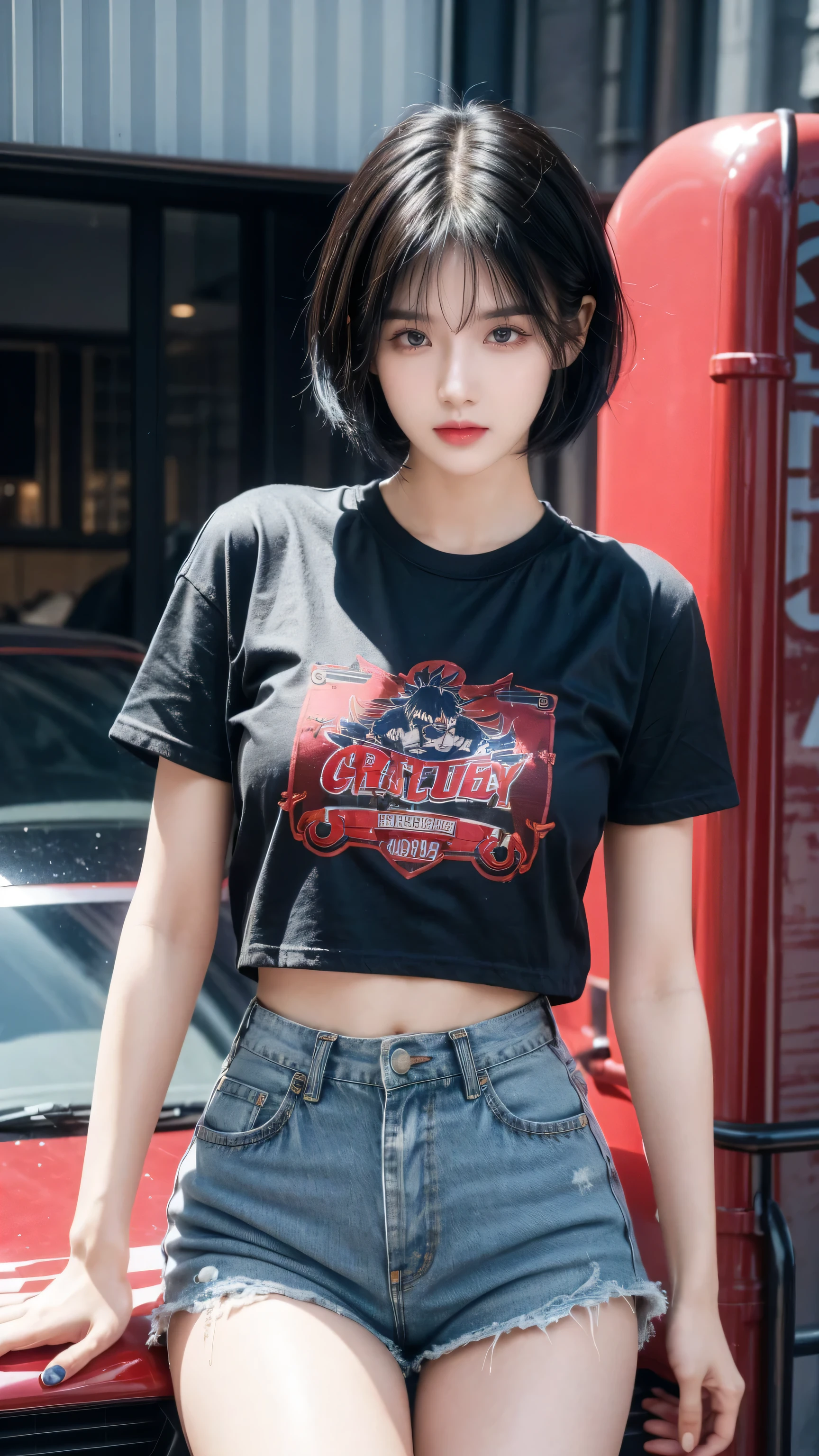best quality, 1 Girl, dark blue hair, black eyes, Very short hair, Spiky hair, red oversize t-shirt, High waist short jeans, 171 cm, Messy hair, Hair between the eyes, Medium breasts, full, Tomboy, aldult, 20 years old, 1 Girl near red motorcycle
