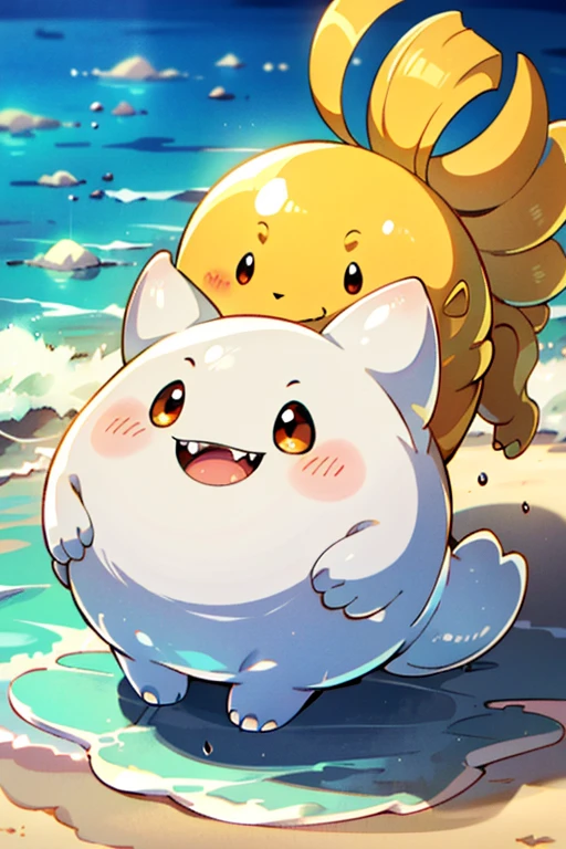 masterpiece, best quality, SFW, (safe for work),1Digimon, in-training digimon,solo, sharp teeth, very long ears, wide mouth, pale red digimon,blob body, (A scone-shaped digimon, with very long flappy ears),digimon style,(in-training digimon), beach background