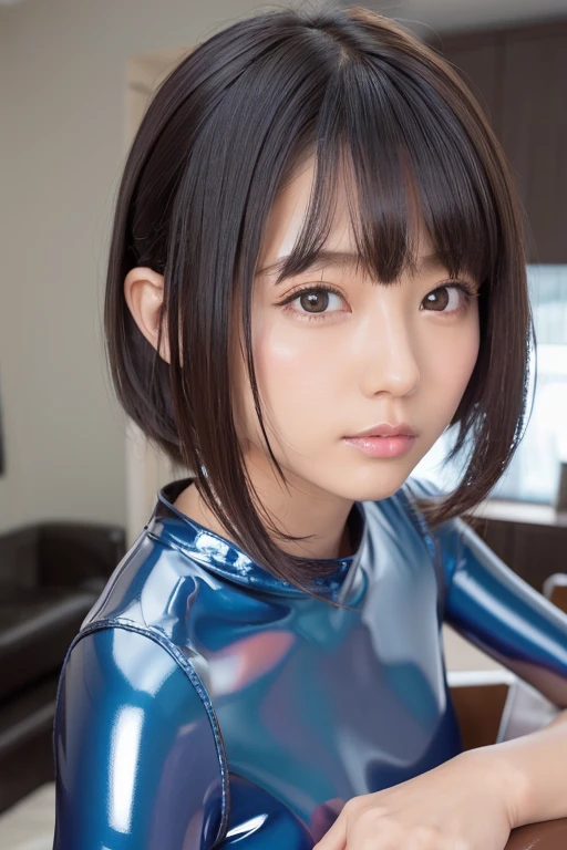 8k, High resolution, Very detailed, masterpiece, highest quality,（10歳のIdol：1.5）、Facial expressions like in the photo、日本people々の女の子1people々、 (Super shiny black latex nurse uniform:1.3), 、The arms are bare skin、Precise finger drawing、Ultra tight sheer black latex nurse uniform、A normal 10 year old girl、(Photographed in the operating room：1.4)、Perfectly bright lighting、Super tight black nurse uniform、Short ponytail hairstyle、Hair color is black、Beautiful black hair、10 year old girl、Full Body Shot、rounded jaw contour,,,,、(Cute face without makeup：1.3)、people々々Make you smile、（Very short skirt：1.3)、Super tight silhouette、Idol、Nurse uniforms are monochromatic。、Small breasts、Small Bust