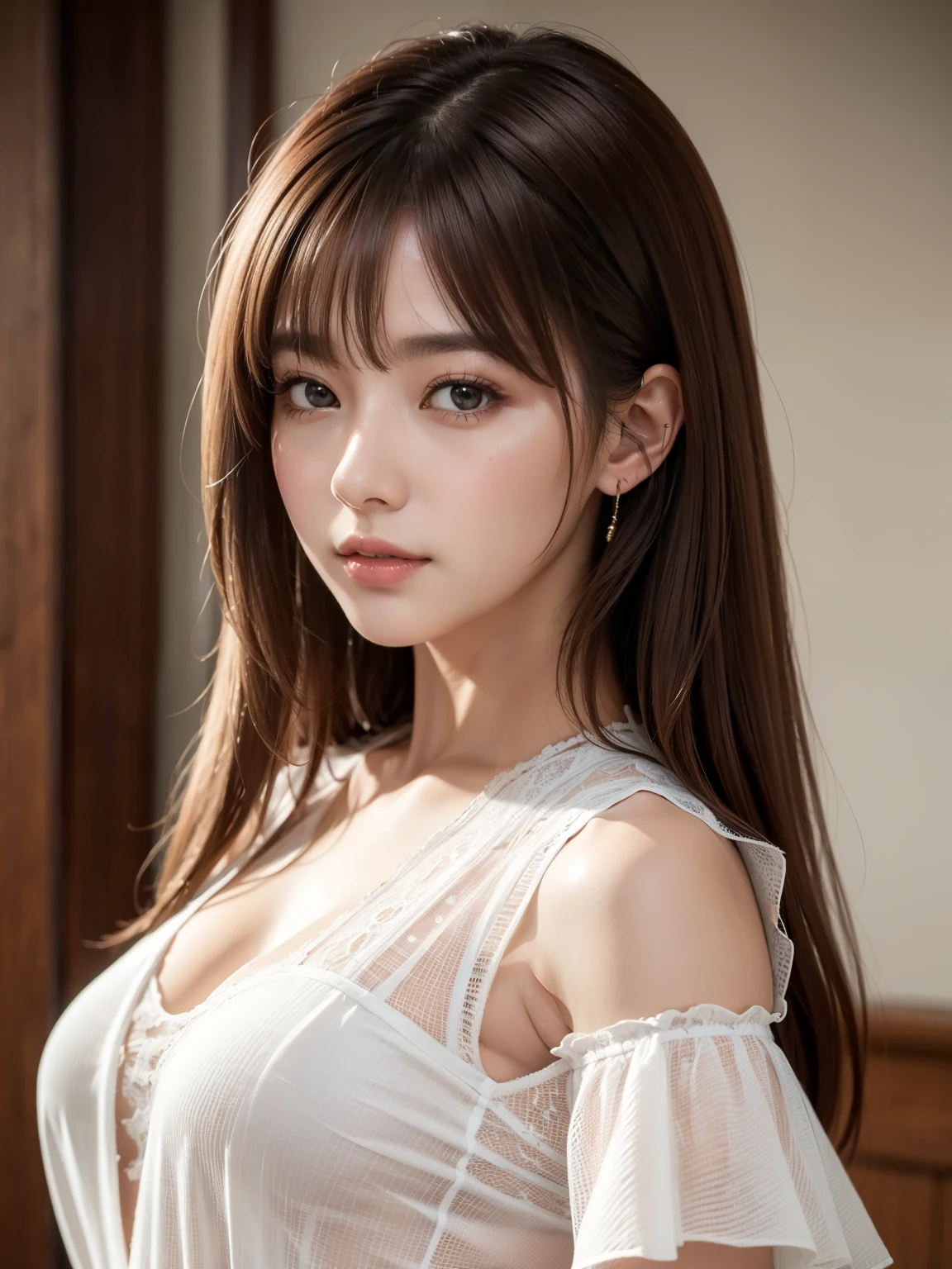 Ultra High Definition, Superior Quality, Premier Quality, ultra detailed, Photorealistic, 8k, RAW Photos, highest quality, masterpiece,  Attractive girl, Stunning girl, Brown Hair, Shoulder Length Layered, Mesh Hair, Japanese Idol, Sophisticated, Stylish, blouse, model posing, 