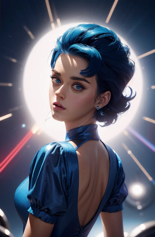 (Katy Perry com 35 anos, sozinha:1.2, shot from behind, dynamic pose), (Big head spinning:1.3), Cinematic shot, dramatic lighting emphasizing shadows, detalhes ricos em textura, efeito laser para adicionar profundidade, melhor qualidade. So de calcinha azul Marinho 