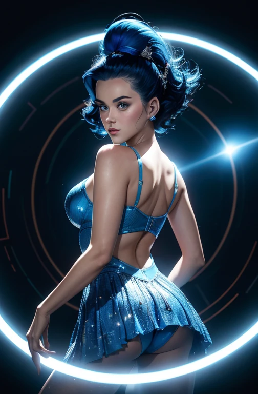 (Katy Perry com 35 anos, sozinha:1.2, shot from behind, dynamic pose), (Big head spinning:1.3), Cinematic shot, dramatic lighting emphasizing shadows, detalhes ricos em textura, efeito laser para adicionar profundidade, melhor qualidade. So de calcinha azul Marinho 