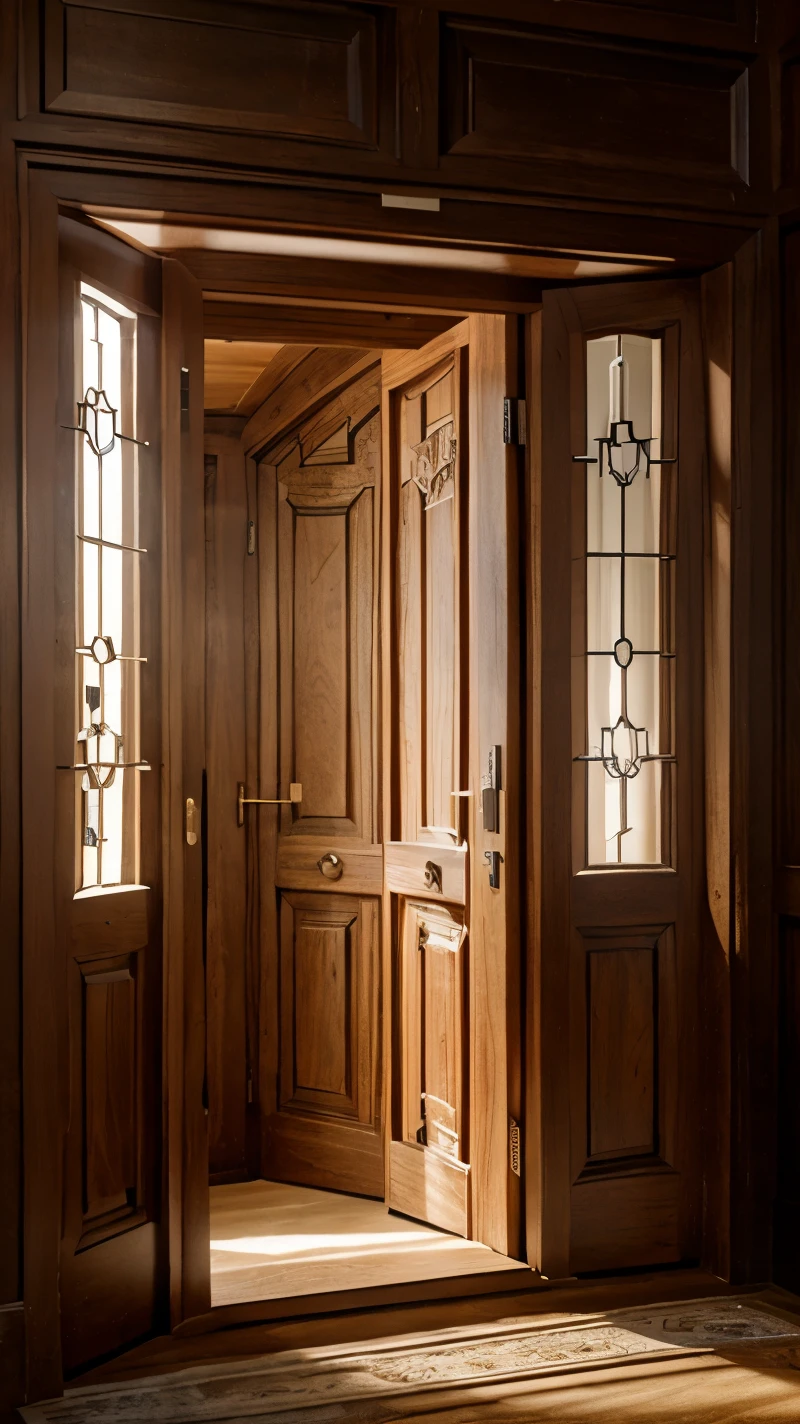 BIG BIG BIG CLOSED ENTRANCE DOOR. very large and big entrance door seen from an INSIDE inside inside medieval mansion room,
photorealistic light concept art WOOD