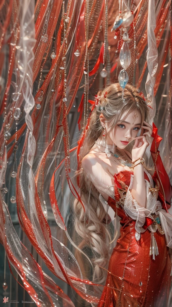 (RAW shooting, Dynamic flow of water waves:0.8, 32k:1.5, highest quality, masterpiece, Ultra-high resolution), (night, Ocean:0.7, Majestic Background:0.7, Mystical Expressions:1.3, Expressions of sadness:1.0), Perfect dynamic composition:1.3, 非常にdetailedな肌と顔の質感:1.3, (Slim Mermaid:1.3, Mermaid tail), Random Shot, Fair skin:1.2, Incredibly slim body:1.2, Fractal Art:1.1, Very beautiful face:1.1, Water droplets on the skin, detailed, (Rain drips down on my body:1.1, Wet body:1.1, Wet Hair:1.1), (Posing Pro:0.9, With a wet bouquet:0.9, Gorgeous red shiny mermaid dress portrait:1.1, Woven Belt), Shapely breasts, (Big eyes that exude beautiful eroticism:0.5, Lips that exude beautiful eroticism:0.5), I love you, Very sweet atmosphere, necklace, Earrings, bracelet