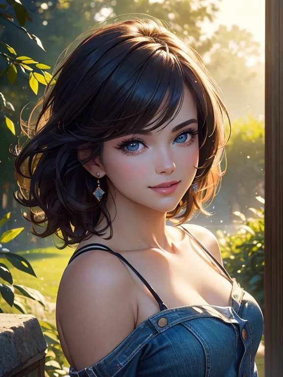 (((masterpiece, portrait))), (((Best quality,ultra detailed,Photorealistic:1.7))), (((deep neckline))), bright and rich colors,studio lighting,Playful expression,stylish makeup, short denim shorts,hair fluttering in the wind,inviting eyes,shiny lips,sexy pose, I smile confidently and seductively,posing for a professional photo shoot,Shallow depth of field,highlighting the main subject,Soft natural light,Creating a dreamy and magical atmosphere.