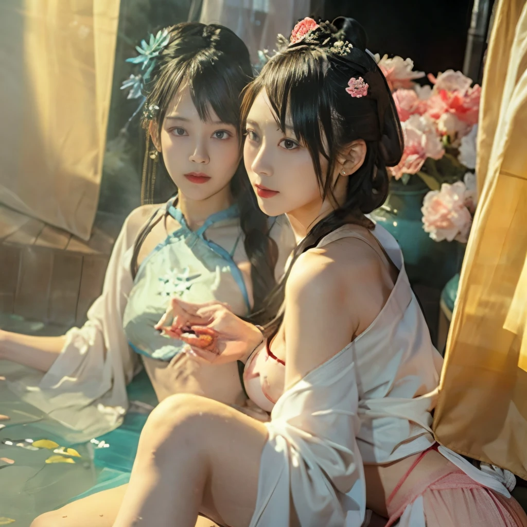 2girl,(background: Flower Sea),looking at viewer,photorealistic,realistic,solo,Hanfu:1.5,Cheongsam,Outdoor:2,
