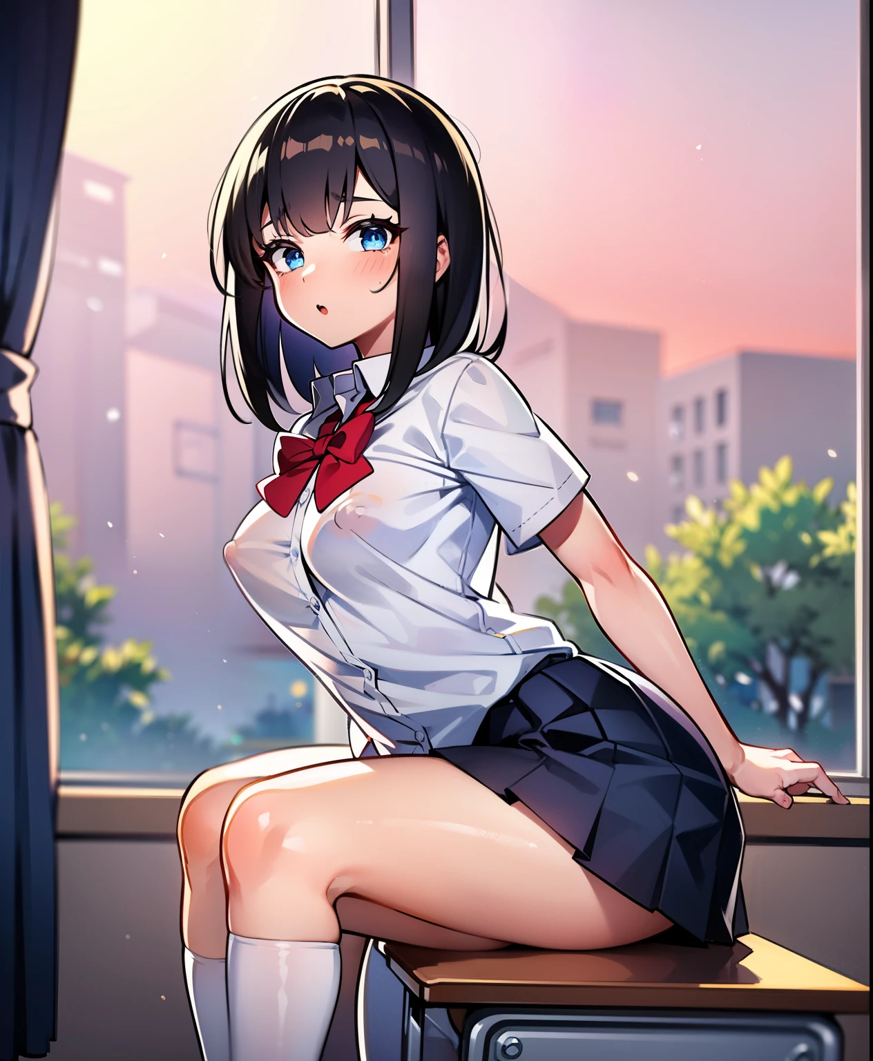 1 girl, , Dynamic posing, dynamic angle, Arrange pose,Top quality work,Show Legs,(short black hair),(blue eyes), Rose cheeks, Pretty Face, A perfectly proportioned face, school white shirt with red bow and black skirt, (school uniform), (school white shirt), white stockings,school, in classroom, Bandaids on Nipples