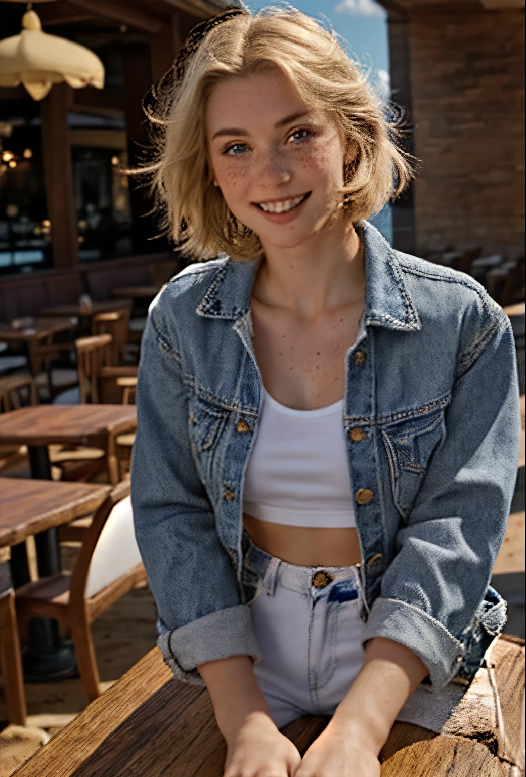 A 21 year old girl named Kate with short blonde hair, beautiful medium breasts, her height is 1.60, white British style, her eyes are light blue, Kate is beautiful, angelic face, has freckles in the nose area, Kate is wearing a light pair of jeans with a denim jacket and a white t-shirt also light in color, Kate wears an All Star sneaker. Kate is in a very beautiful and well-lit restaurant, on the table a strawberry milkshake, kate is happy to be at her favorite restaurant