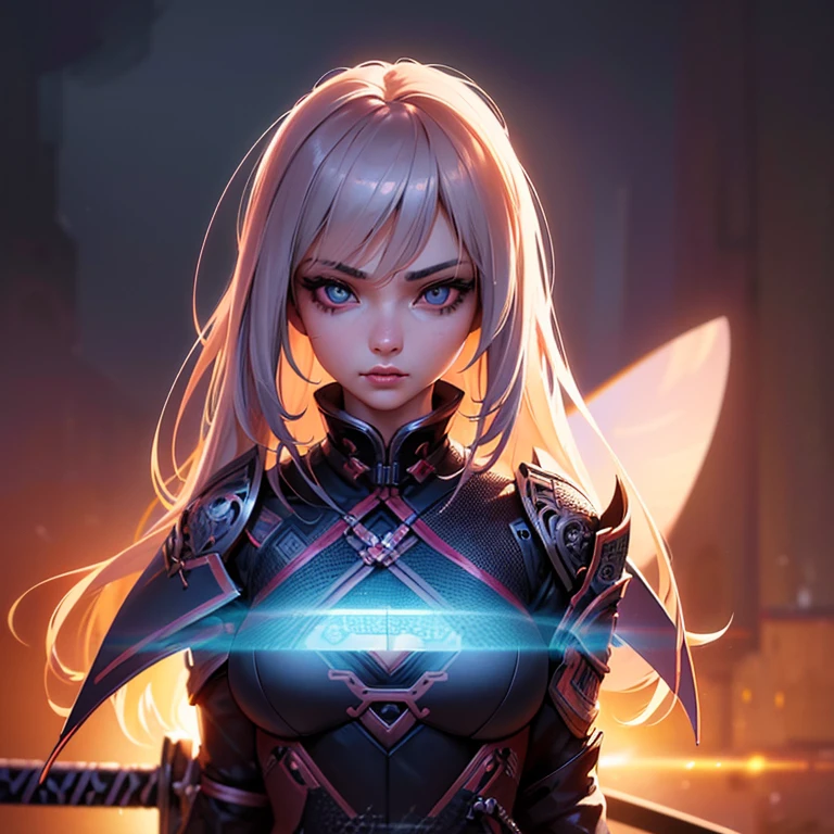beautiful detailed girl, 1girl, katana, futuristic japanese background, detailed face, detailed eyes, detailed lips, detailed hair, intricate details, (best quality,4k,8k,highres,masterpiece:1.2),ultra-detailed,(realistic,photorealistic,photo-realistic:1.37),vibrant colors,dramatic lighting,cinematic,digital art,concept art