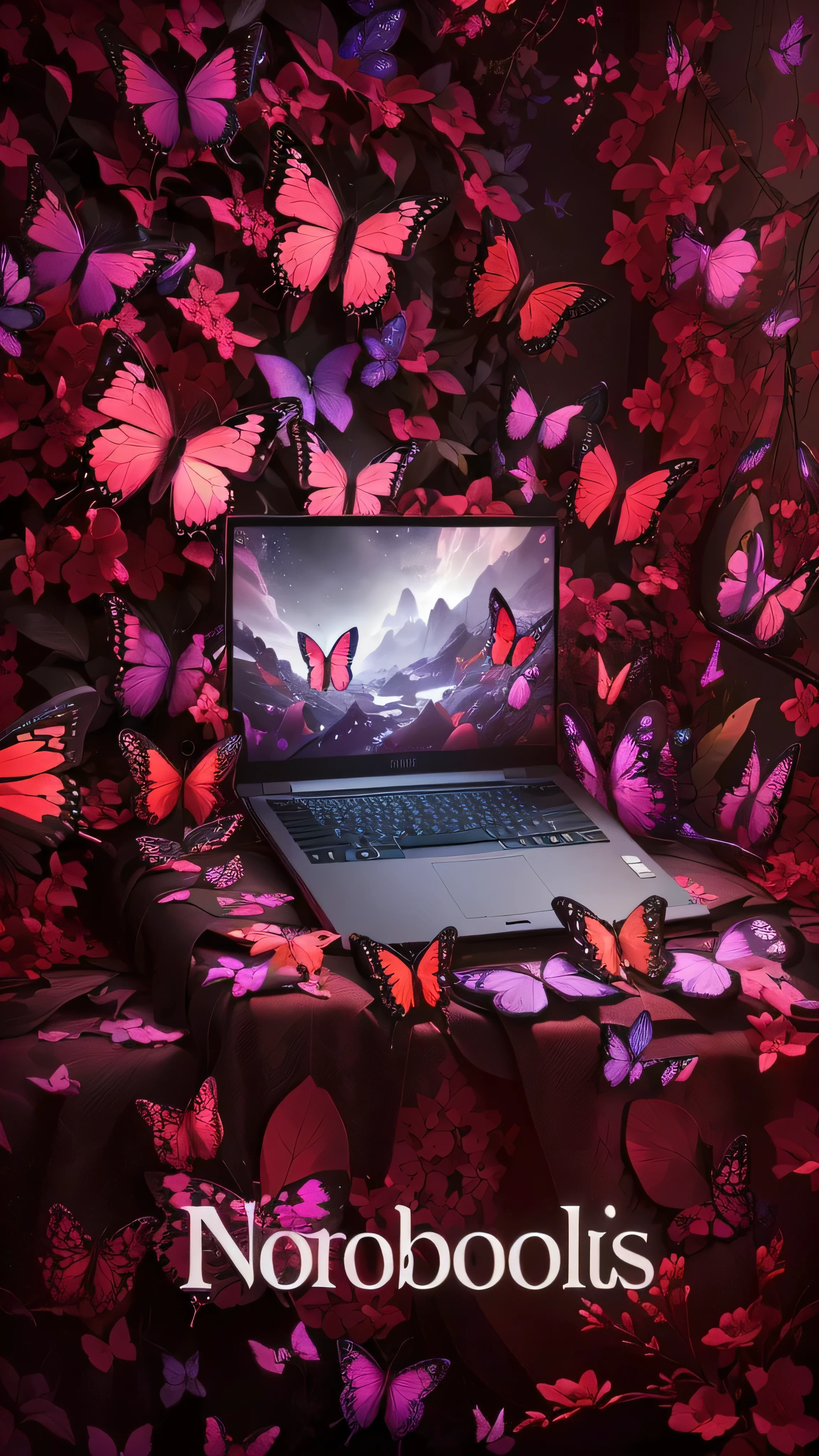 there is a laptop computer surrounded by borboletas on a black background, arte digital 8k, Arte Digital 8K, metamorphosis complex 3d rendering, com telas e sedas, Tecnologia e natureza, Butterfly lighting, moda digital, notebooks, arte digital widescreen 8k, 8k illustration, borboletas, arte digital 4k, highly detailed composition, harmonia de borboleta