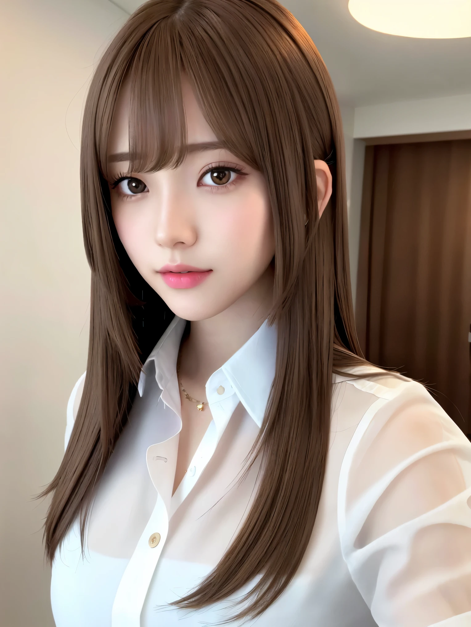 (highest quality、Tabletop、8k、Best image quality、Award-winning works)、One Girl, Close-up shot of face, Front view, Young and cute girl in Japan, Long Bob Hair, night、Standing in her room, White polyester collared shirt, Super cute face, Glossy lips, Double eyelids on both eyes, Natural Makeup, shiny smooth light brown hair of Long Bob Hair, Asymmetrical bangs, High resolution, High detail, Detailed hairstyle, Detailed face, Cinema Lighting, Octane Rendering, Ultra-realistic, Perfect Anatomy