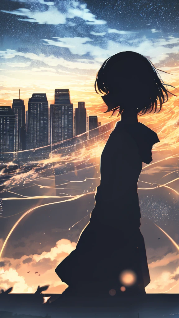 anime,silhouette,1girl, cloud, outdoors, skyscraper, city lights, blue sky, skyline,morning,waking,In nature,Mountain,Couple