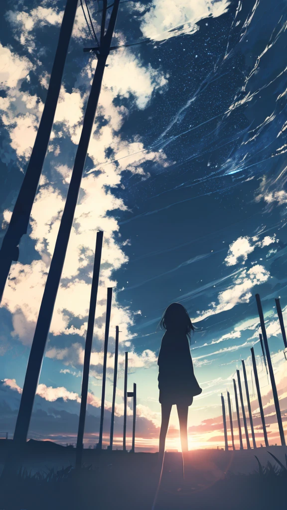 anime,silhouette,1girl, cloud, outdoors, skyscraper, city lights, blue sky, skyline,morning,waking,In nature,Mountain,Couple