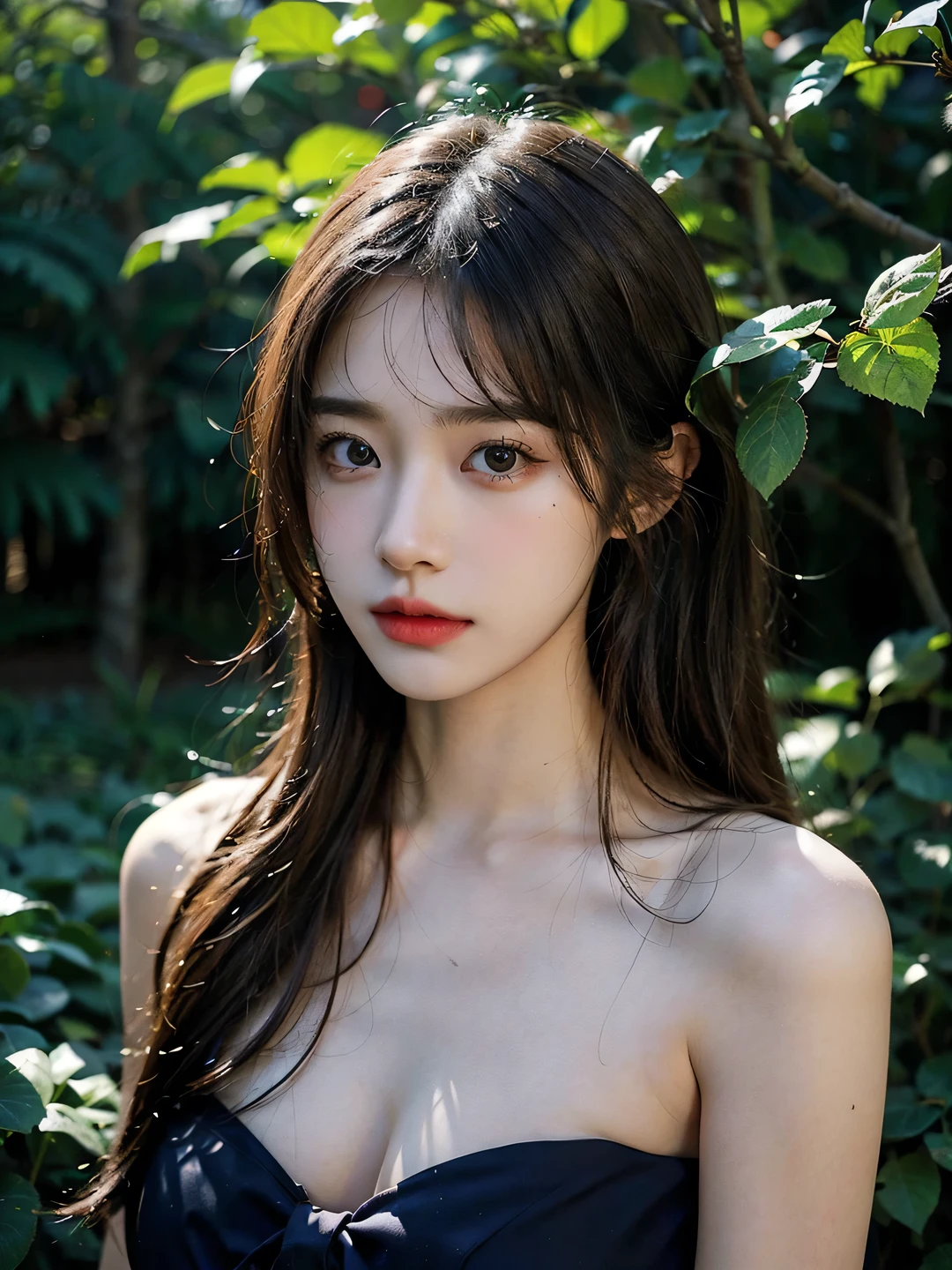 1girl, (looking at viewer:1.2), detail face, (a girl standing, rending on cgsociety, Rose bush backdrop), romanticism, atmospheric, (RAW photo, best quality), (realistic, photo-realistic:1.3), masterpiece, an extremely delicate and beautiful, extremely detailed, D cup，Cleavage，Translucent brown tube top 1.5）