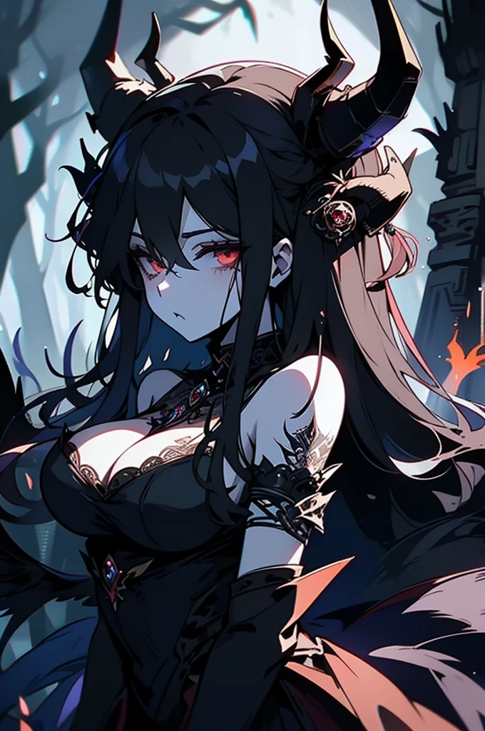 A menacing demon girl with twisted horns and glowing red eyes, with ancient tatoos in her body, stands amidst a dark, foreboding forest. big breasts. This image is a chilling acrylic painting. The shadows enhancing the feeling of malevolence that emanates from her.
