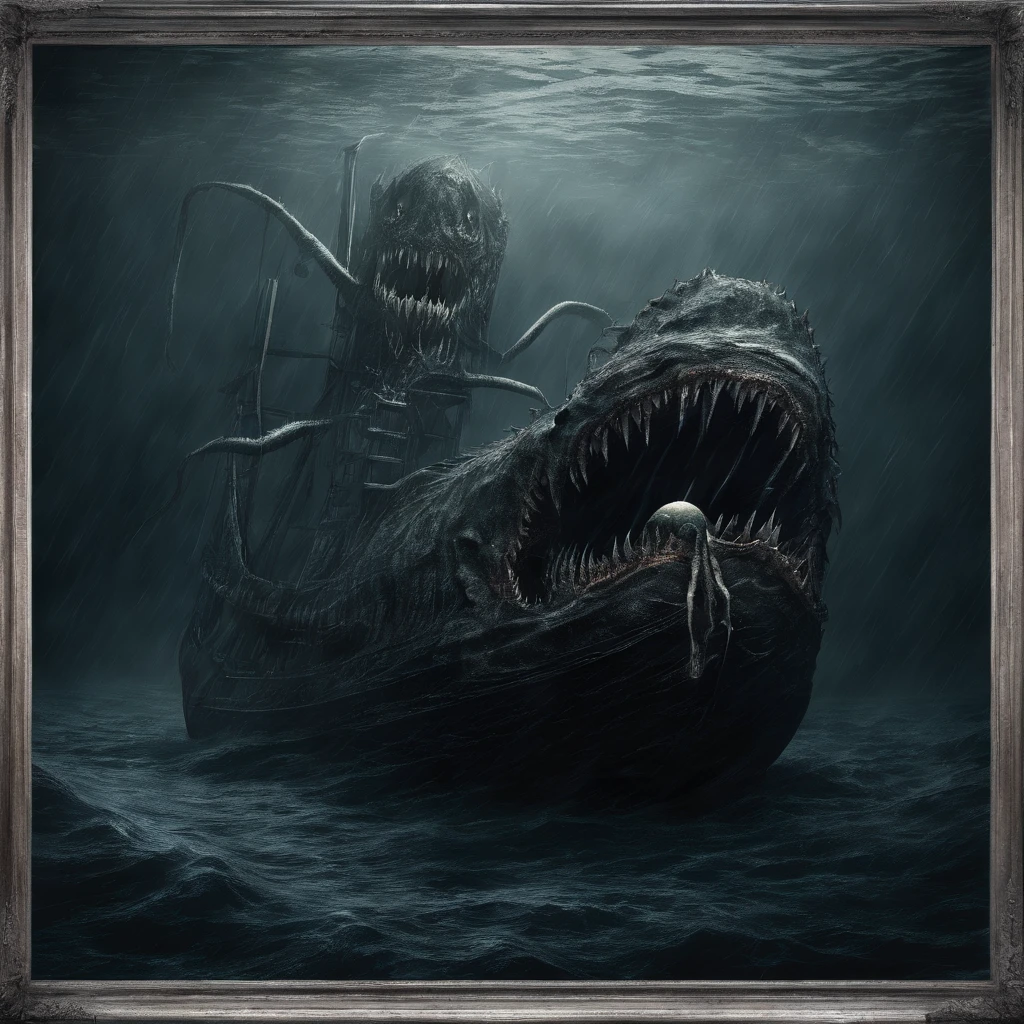 ((Talasphobia)), ocean surface, fisherman, boat, giant sea monster under water surface, large mouth, sharp teeth, 