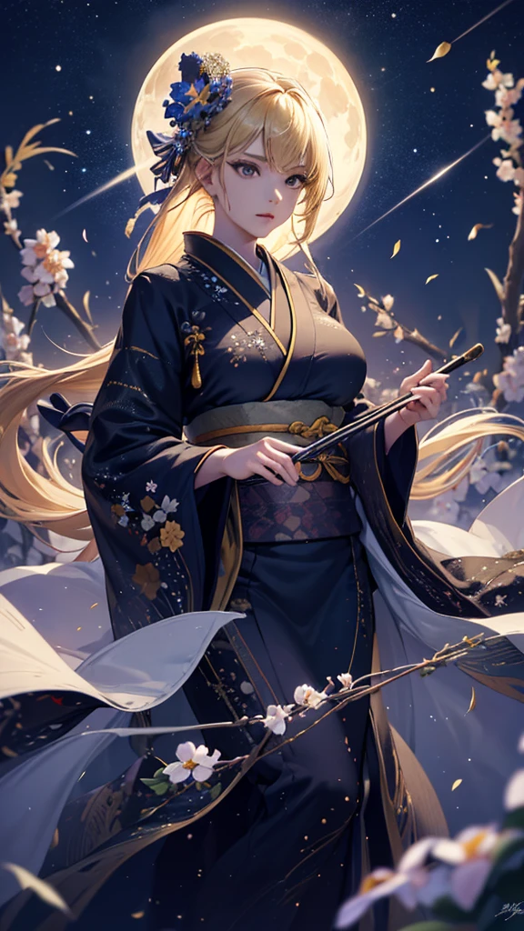 masterpiece, high quality, 4K, Beautiful design, silhouette，blonde， 非常に詳細な夜のStarry Sky,Flower Field， wonderful, Finer details,  Very knowledgeable woman, Highly detailed solo, 1 female,Big Breasts，kimono，Night view，Starry Sky，full moon，