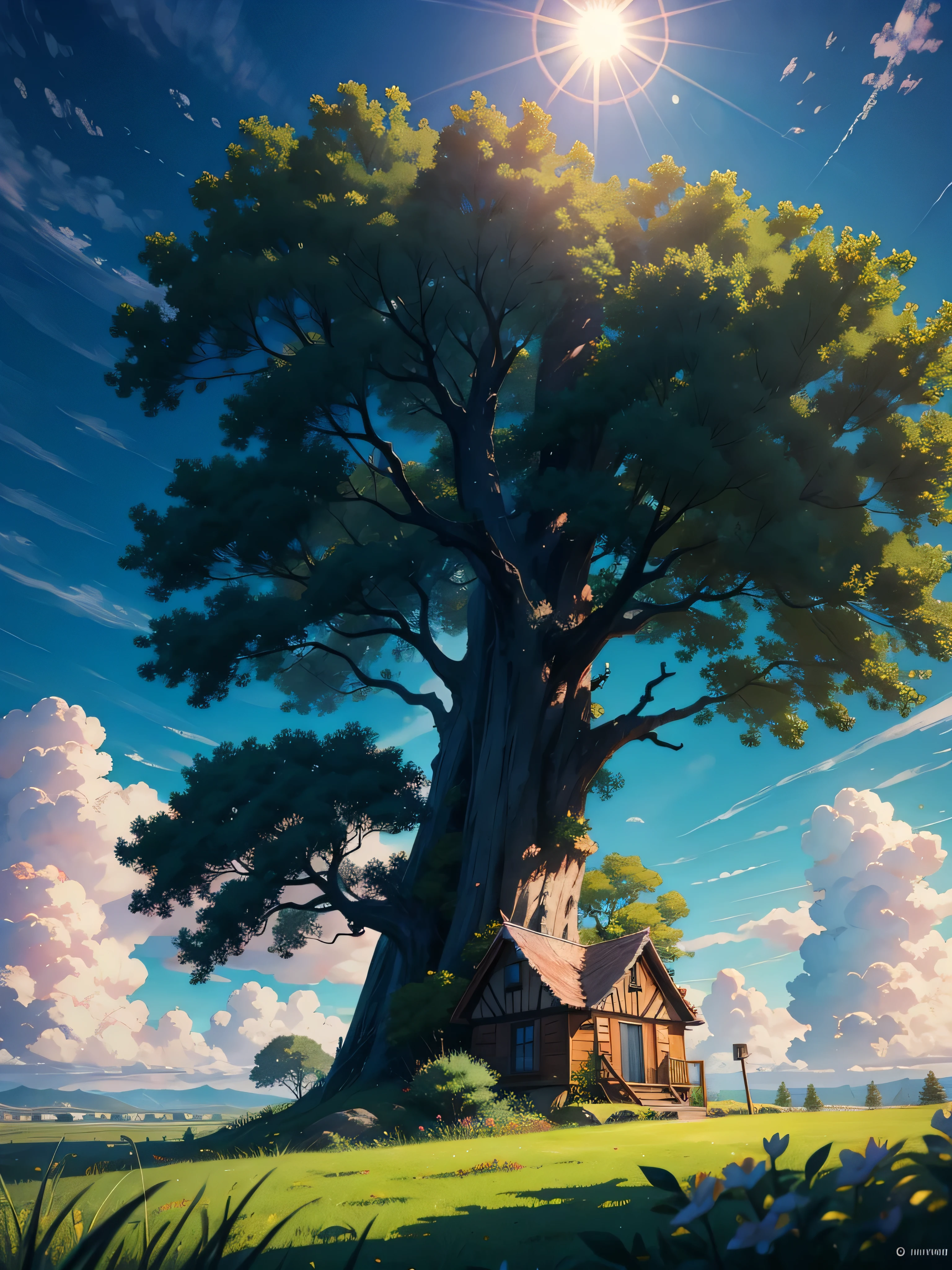 A small house on top of a big tree , View from far , Green and Pink Clouds,Green grass, Blue Sky,aqua environment , Storm,no humans, piercing sunlight , sun, sunrises, morning sunlight , one tree ,