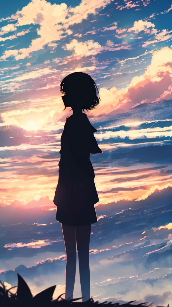 anime,silhouette,1girl, cloud, outdoors, skyscraper, city lights, blue sky, skyline,morning,waking,In nature,Mountain,Couple