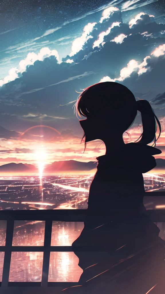 anime,silhouette,1girl, cloud, outdoors, skyscraper, city lights, blue sky, skyline,morning,waking,In nature,Mountain,Couple