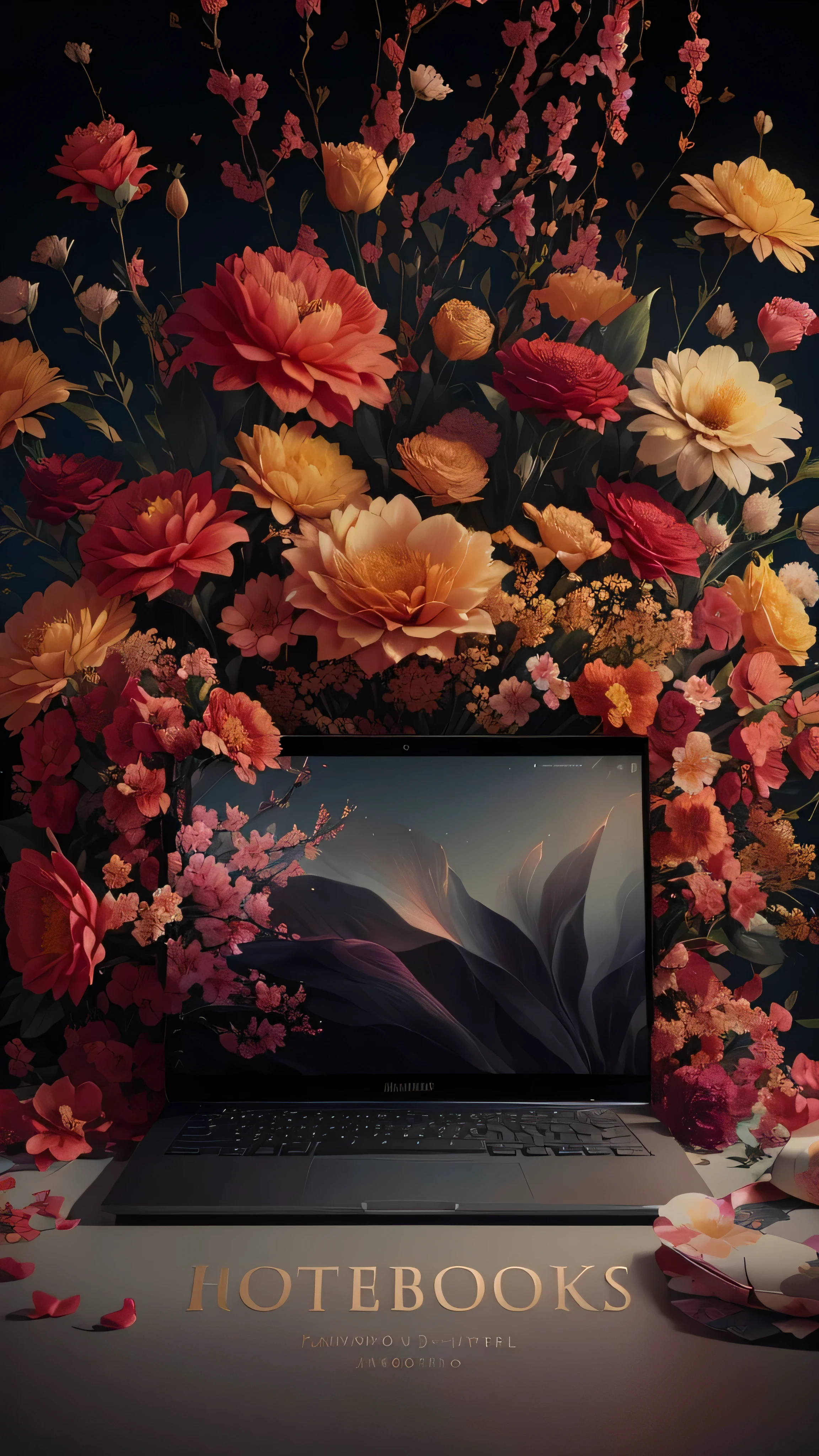 there is a laptop on a table with flowers, Arte digital altamente detalhada em 4k, Arte digital detalhada em 4k, 8k organic art photography, arte digital 4k, ambiente floral, papel de parede do computador, papel de parede de vanguarda 4k, an aesthetic field of flowers, beautiful composition 3 - d 4k, wallpaper with dark flower pattern