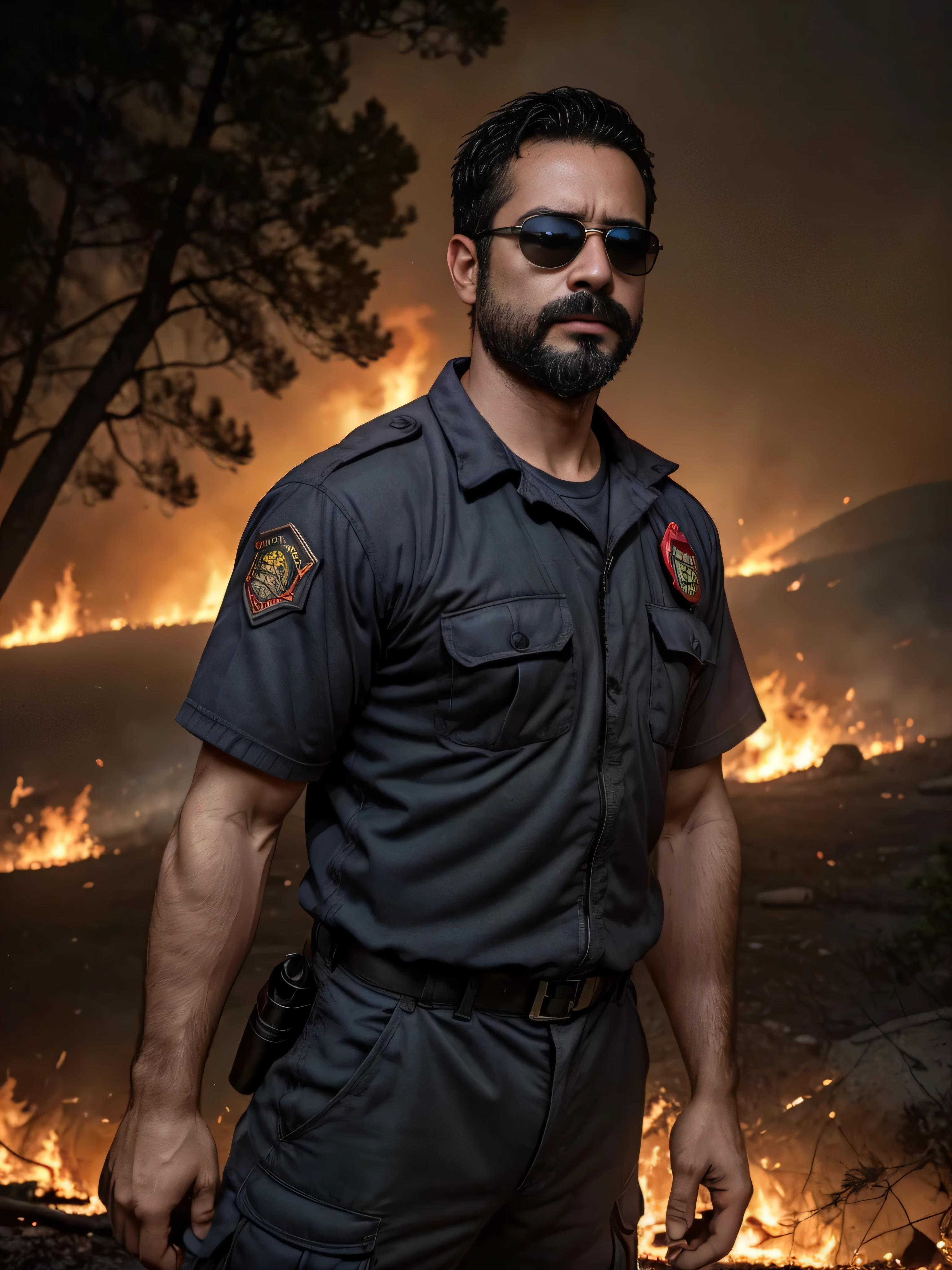 A super realistic image of a 38-year-old man with a masculine appearance wearing dark sunglasses, captured in a mid-shot showing his upper body. He is standing near a raging wildfire, with flames and smoke billowing behind him. His facial features are very detailed, displaying soot and sweat, with an expression of urgency and determination. He is wearing a firefighter's uniform that is singed and dirty, highlighting the dangerous situation. The background is filled with burning trees and dark smoke, emphasizing the intensity of the disaster.