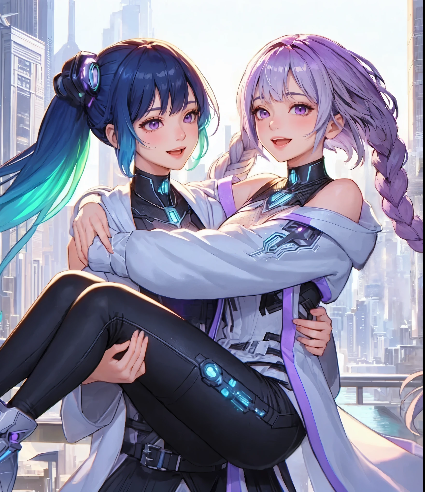 2ladies, (1lady princess-carrying the other), standing, (futuristic costume) stylish, mature female, (masterpiece best quality:1.2) delicate illustration ultra-detailed, large breasts BREAK 1lady, (silver long hair), twin braid, (gradient hair) purple, blush happy smile, (open mouth), purple eyes BREAK 1lady, (dark blue straight hair) bangs, (gradient hair) green, (kind smile) BREAK (futuristic city) outdoors, soft lighting, science fiction, detailed background