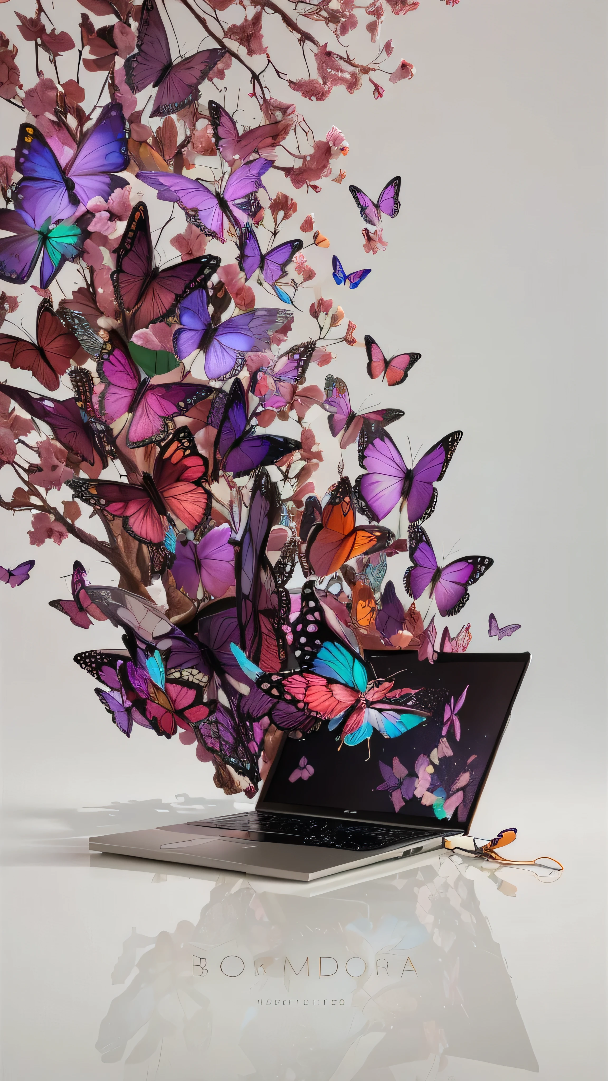 borboletas flying out of a laptop computer screen with a white background, borboletas flying, borboletas, arte digital 3d 4k, arte digital 4k, linda arte digital, tela de computador colorida, Arte Digital 8K, arte digital 8k, metamorphosis complex 3d rendering, borboleta, digital art rendering, harmony of borboleta, dispositivo completo, escultura digital