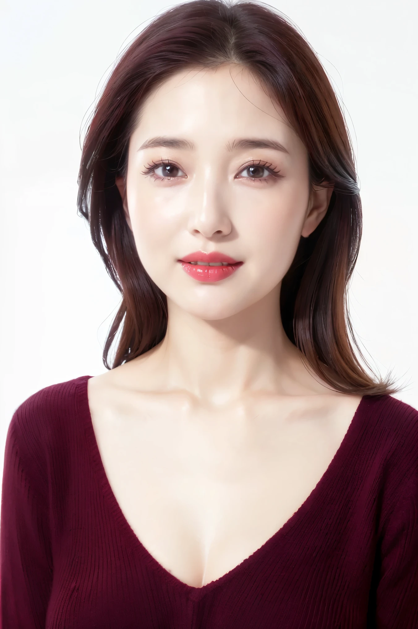 (highest quality、Tabletop、8k、Best image quality、Award-winning works)、One beautiful woman、Beautiful elegant straight long hair perfectly styled、(alone:1.1)、(The perfect burgundy V-neck long sleeve knit:1.5)、(Burgundy V-neck knit:1.5)、(The simplest white background:1.4)、とてもLarge Breasts、Accentuate your body lines、Beautiful and detailed、Look at me、(Perfect Makeup:1.1)、Bright lipstick、Ultra-high definition beauty face、Ultra HD Hair、Ultra-high definition sparkling eyes、Ultra High Resolution Perfect Teeth、Ultra-high quality glossy lips、Accurate anatomy、Very beautiful skin、Glowing skin in ultra-high resolution、frontから見たときの優雅な直立姿勢、(Very bright and vivid:1.2)、(Slender body:1.2)、(Slender and beautiful face:1.1)、(Cleavage:1.1)、(Large Breasts:1.1)、Shiny, vibrant lipstick、(Close-up of face:1.2)、(50 year old beauty:1.3)、Wrinkled face、front、clavicle、(Sad expression:1.1)