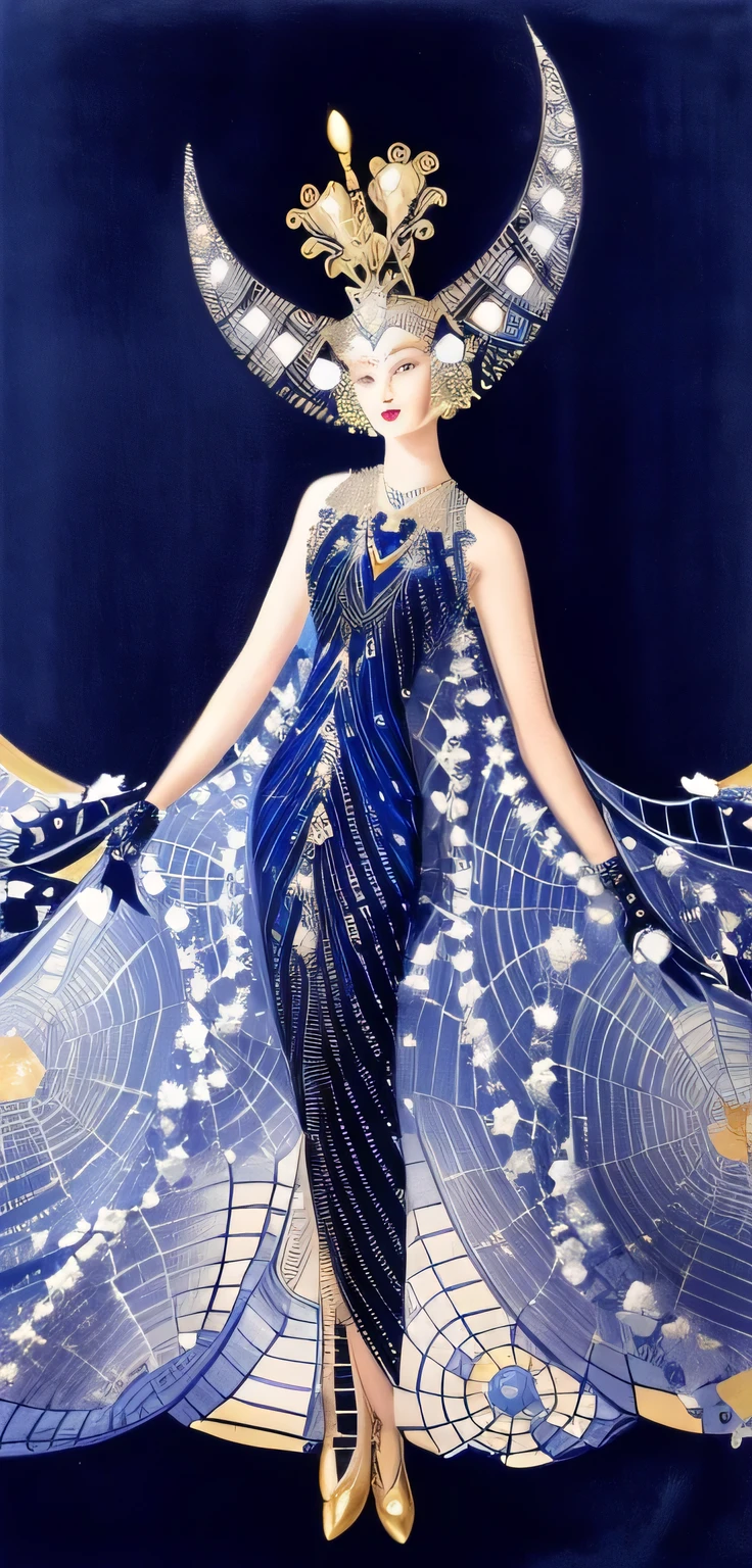 there is a woman in a dress with a large moon on it, erte, 1920s art deco, intricate costume design, art deco illustration, by Pat Adams, inspired by Gerda Wegener, by Barbara Balmer, art deco of a space woman, inspired by Kay Nielsen, art deco era), by Isobel Heath, ethereal art deco