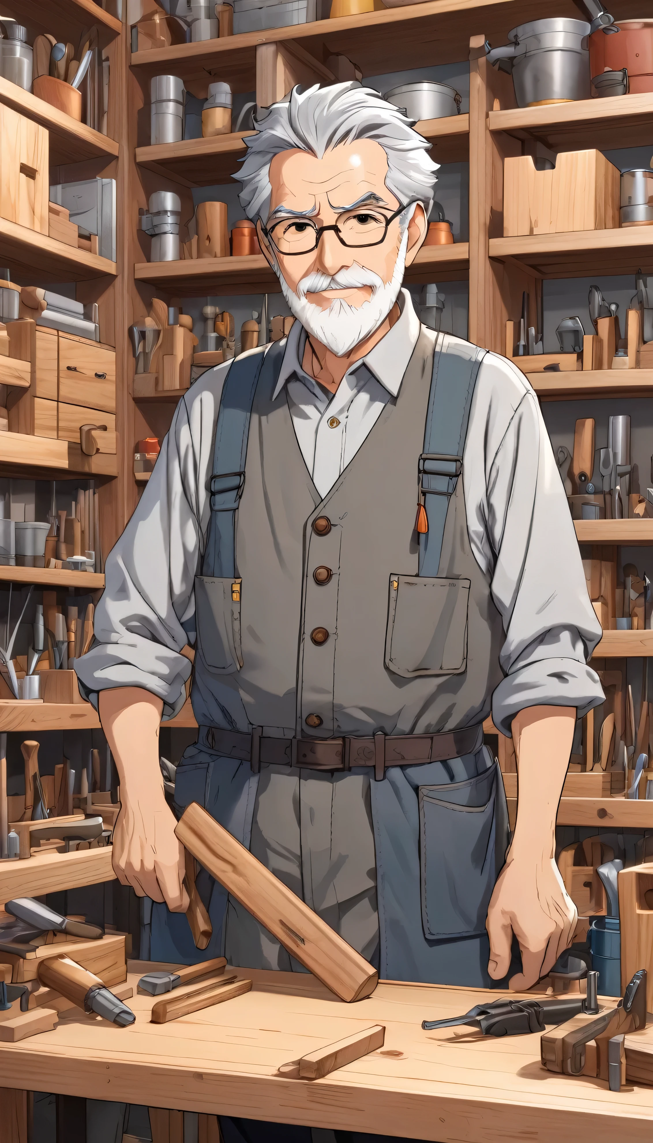 The grey-haired woodworking professor stands confidently in his well-lit workshop, surrounded by shelves of various wood types and neatly organized tools.
style anime, hand drawn