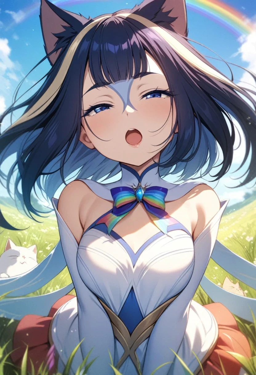 (shylily/(Twich/):1.5),(masterpiece:1.2),(best quality:1.2),(Cat ears:1.4),,Straight Hair,(Face focus:1.3),(open mouth,Laugh shyly:1.3) ,(face slimming:1.3),(Small chest:1.0),(Half closed eyes:1.3), (angel bride dress:1.2), (Intricate rainbow ribbon:1.3), (Red Ruffle Mini Skirt:1.3),Sleeping princess,(Blue sky and complex grassland:1.3),The deep blue sky and swirls of light enveloped her,